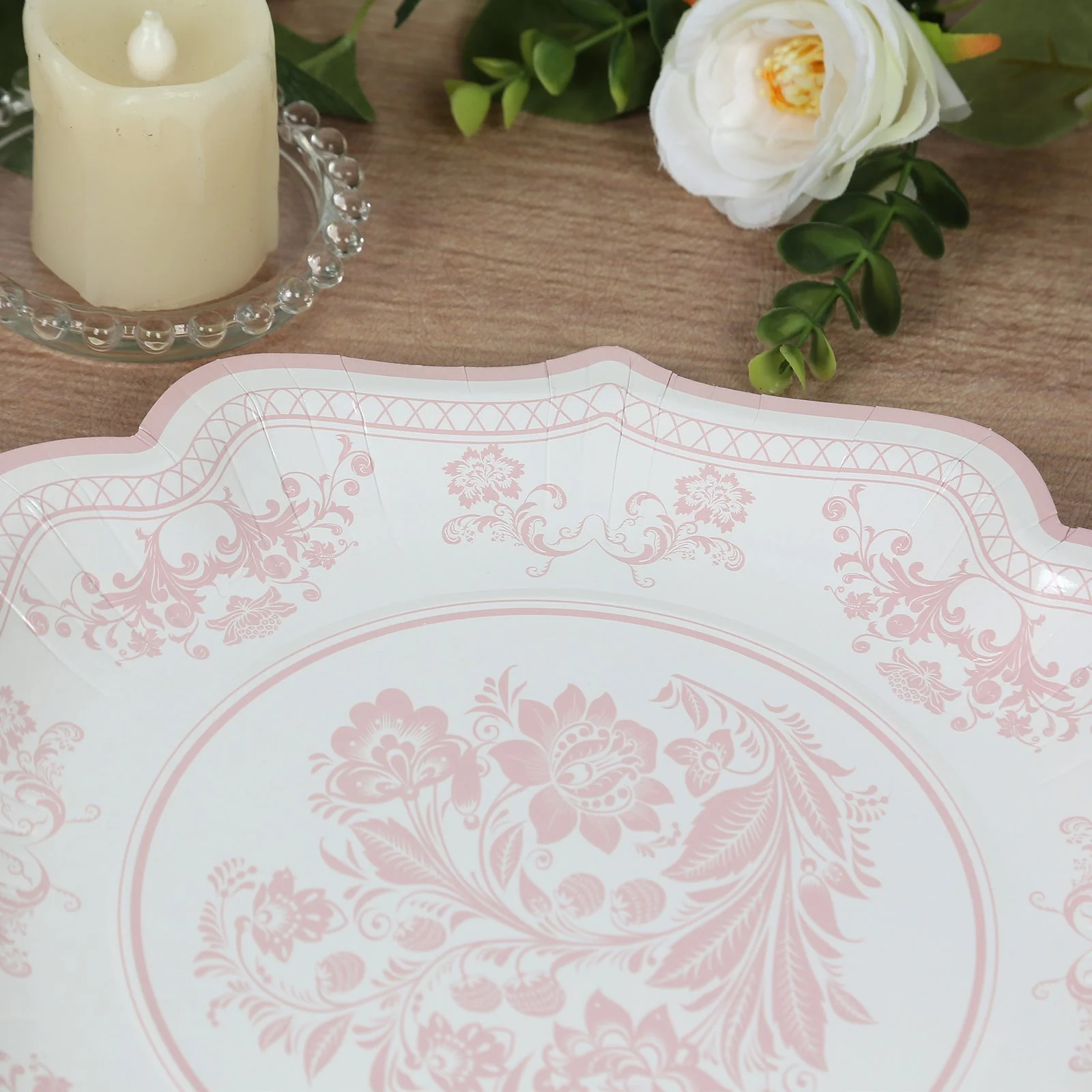 25-Pack Paper Dessert Plates 8" White with Pink Damask Floral Print & Scallop Rim - 300GSM Disposable Floral Salad Appetizer Plates - Image 8