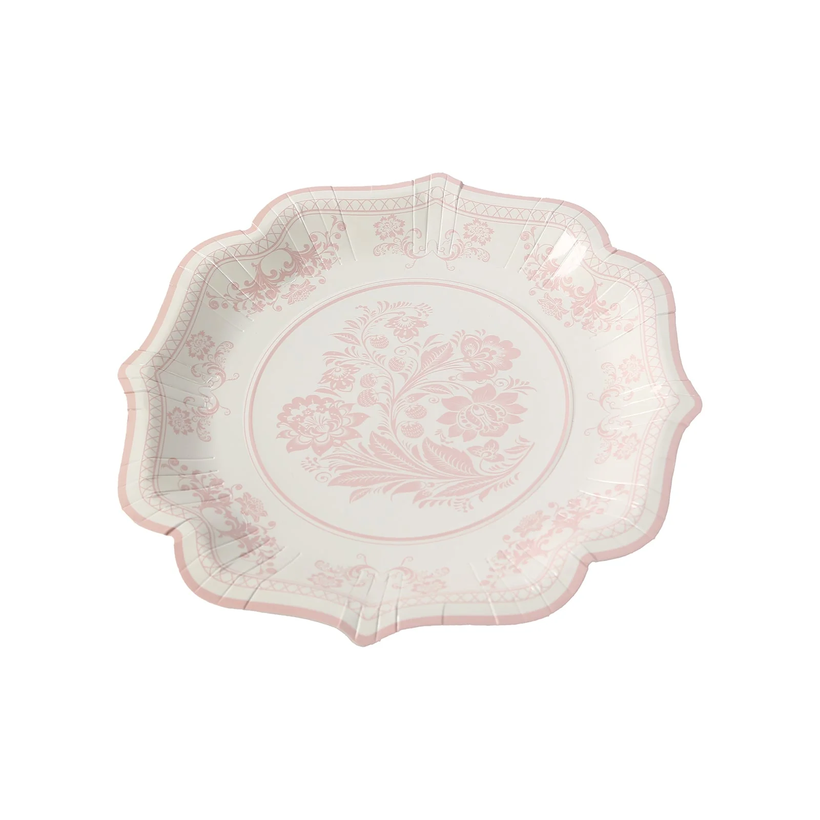 25-Pack Paper Dessert Plates 8" White with Pink Damask Floral Print & Scallop Rim - 300GSM Disposable Floral Salad Appetizer Plates - Image 9