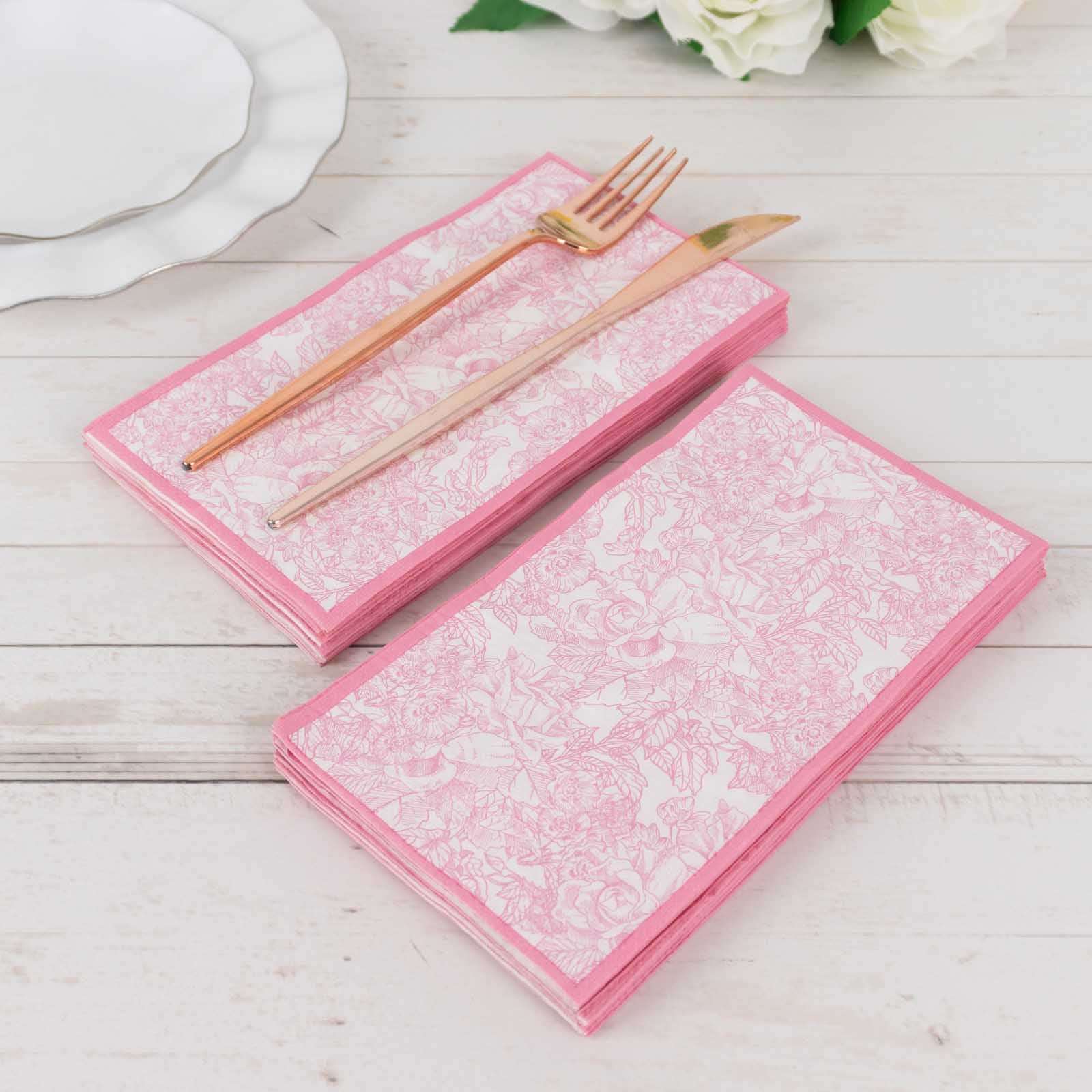 25-Pack Paper Dinner Napkins 2 Ply Pink with French Toile Pattern - Soft and Absorbent Disposable Napkins