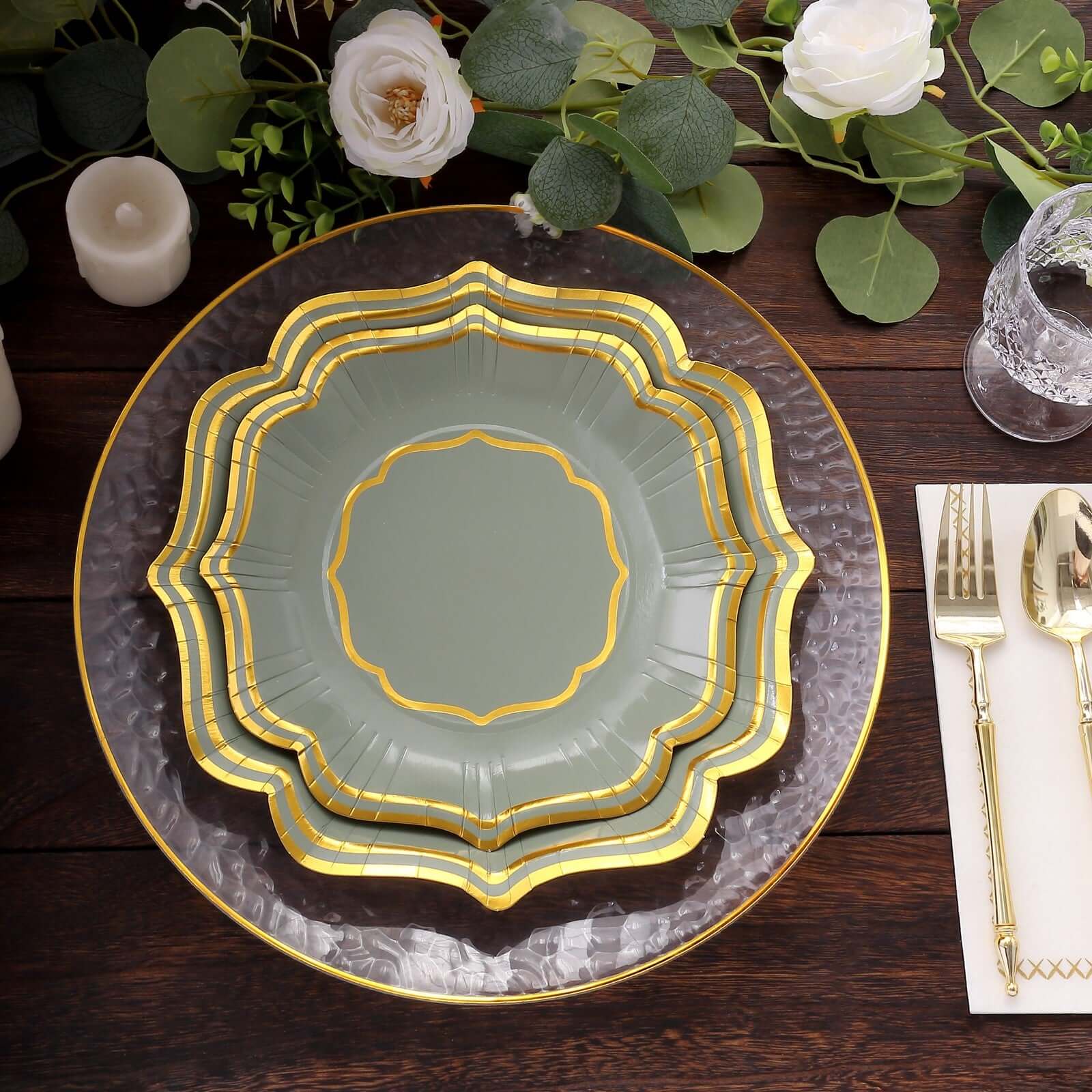 25-Pack Paper Dinner Plates 10" Sage Green with Gold Scallop Rim - 300GSM Disposable Party Plates - Image 2