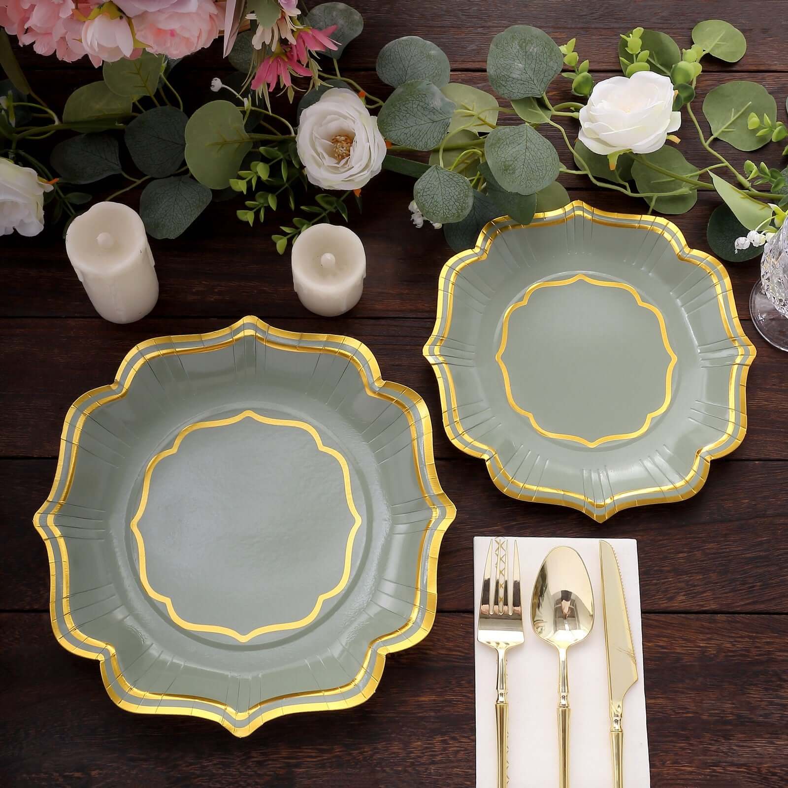 25-Pack Paper Dinner Plates 10" Sage Green with Gold Scallop Rim - 300GSM Disposable Party Plates - Image 5