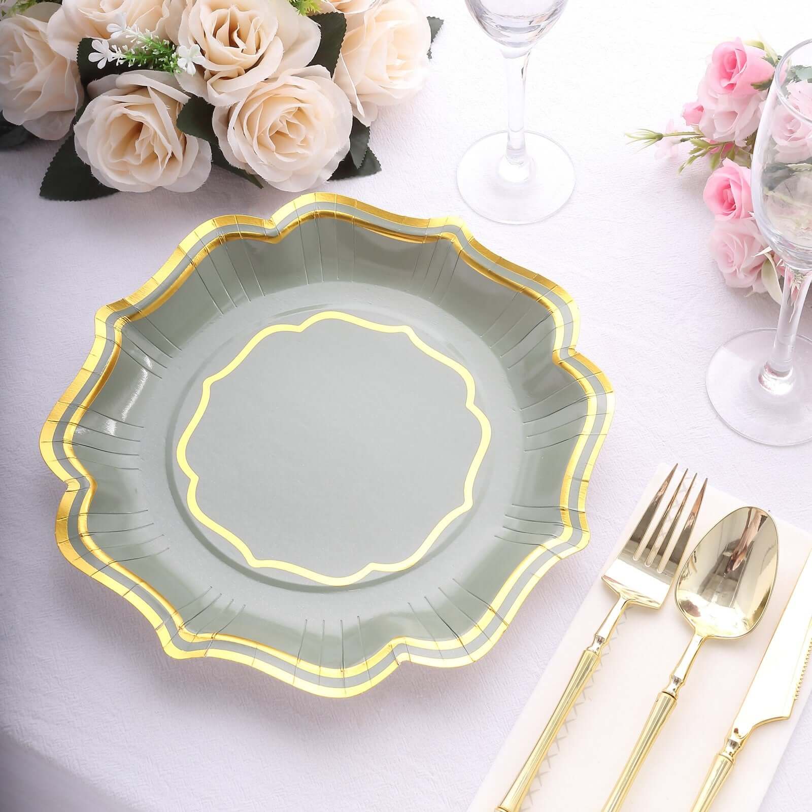 25-Pack Paper Dinner Plates 10" Sage Green with Gold Scallop Rim - 300GSM Disposable Party Plates - Image 8