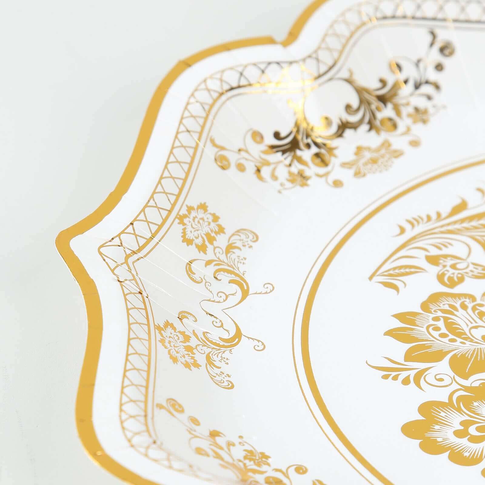 25-Pack Paper Dinner Plates 10" White Gold Damask Floral Print & Scallop Rim - 300GSM Disposable Floral Party Plates - Image 12