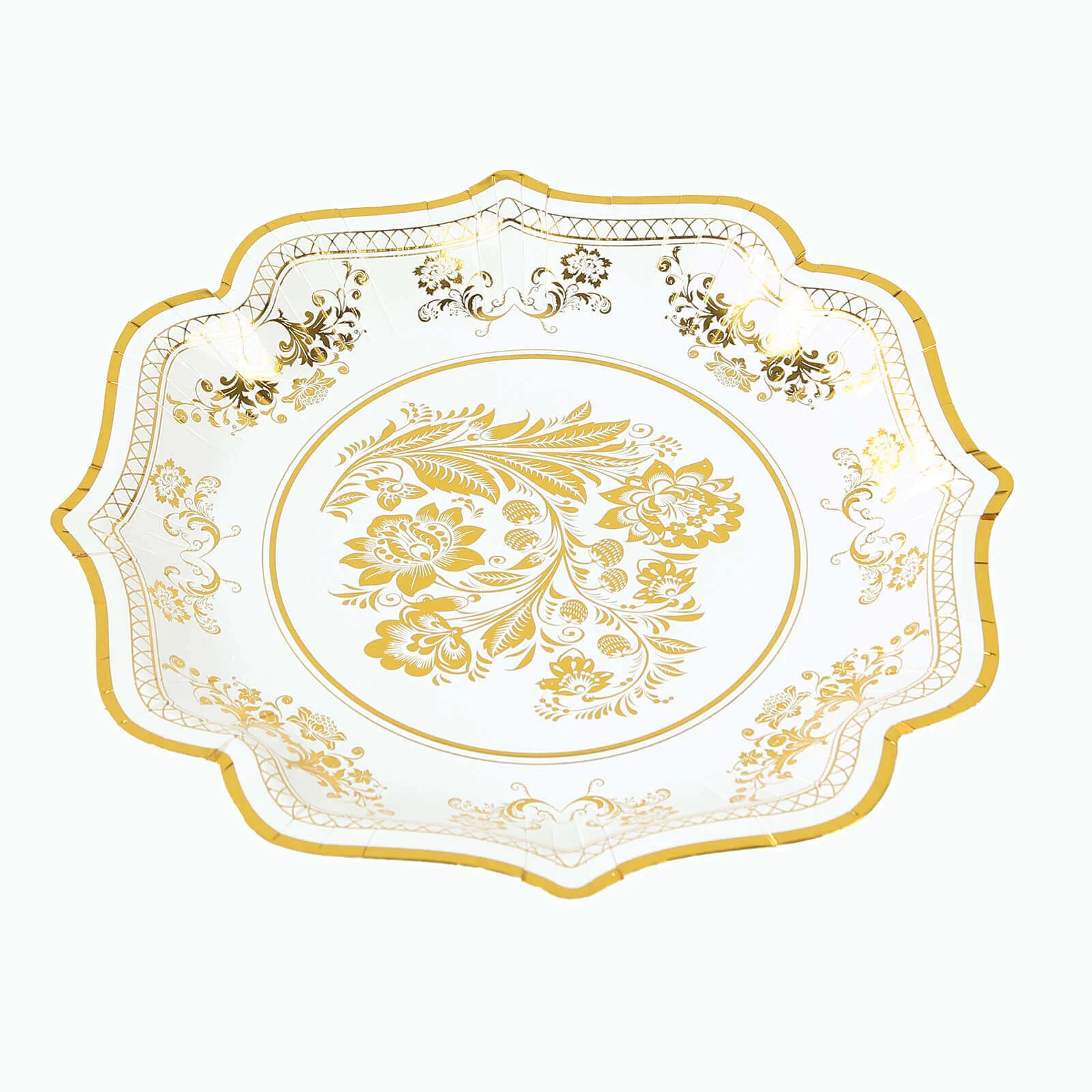 25-Pack Paper Dinner Plates 10" White Gold Damask Floral Print & Scallop Rim - 300GSM Disposable Floral Party Plates - Image 13