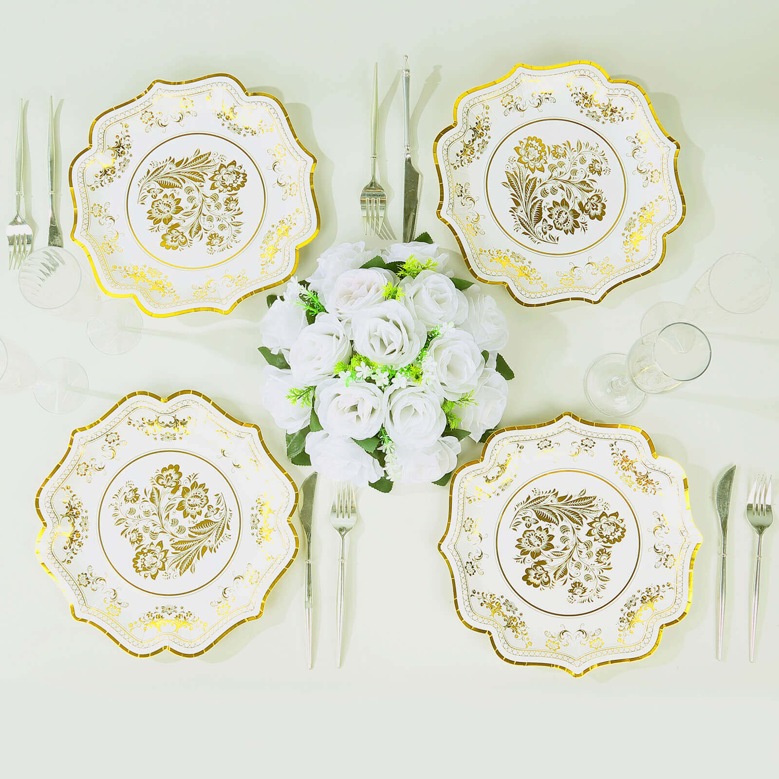 25-Pack Paper Dinner Plates 10" White Gold Damask Floral Print & Scallop Rim - 300GSM Disposable Floral Party Plates - Image 2