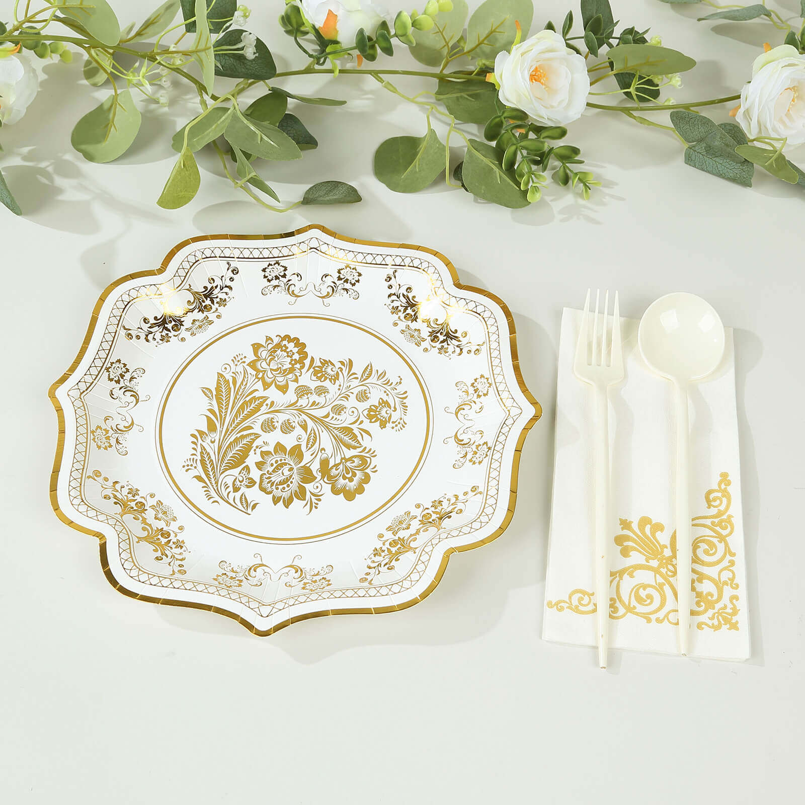 25-Pack Paper Dinner Plates 10" White Gold Damask Floral Print & Scallop Rim - 300GSM Disposable Floral Party Plates - Image 5