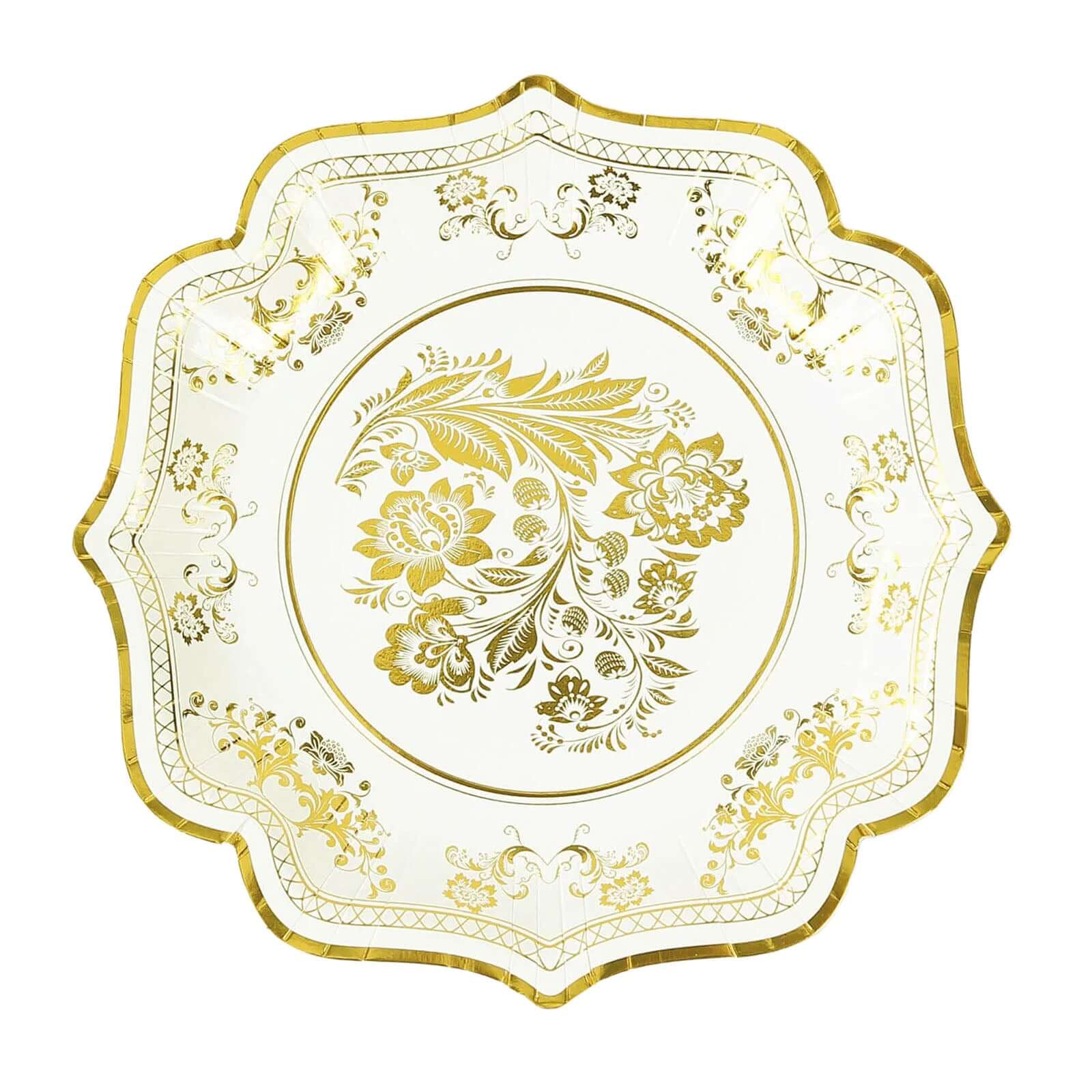 25-Pack Paper Dinner Plates 10" White Gold Damask Floral Print & Scallop Rim - 300GSM Disposable Floral Party Plates - Image 7