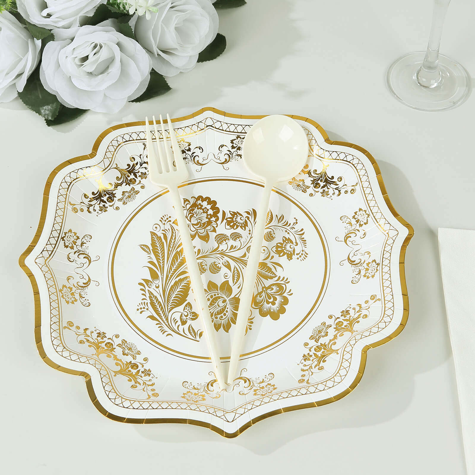 25-Pack Paper Dinner Plates 10" White Gold Damask Floral Print & Scallop Rim - 300GSM Disposable Floral Party Plates - Image 9