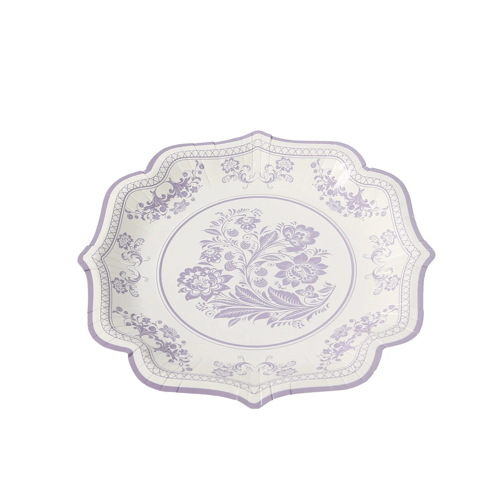25-Pack Paper Dinner Plates 10" White Lavender Lilac Damask Floral Print & Scallop Rim - 300GSM Disposable Floral Party Plates - Image 11