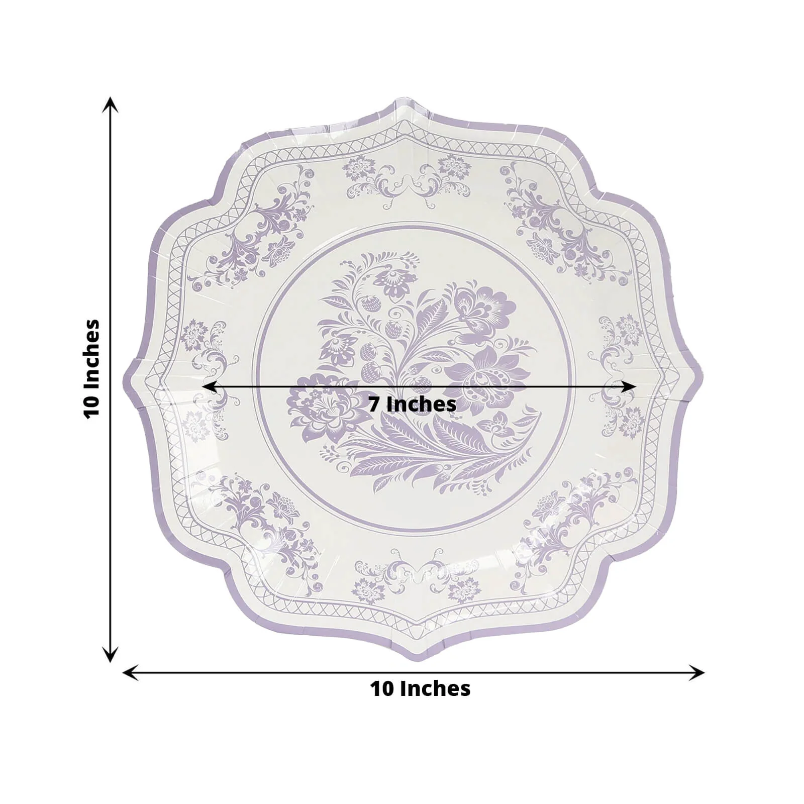 25-Pack Paper Dinner Plates 10" White Lavender Lilac Damask Floral Print & Scallop Rim - 300GSM Disposable Floral Party Plates - Image 2