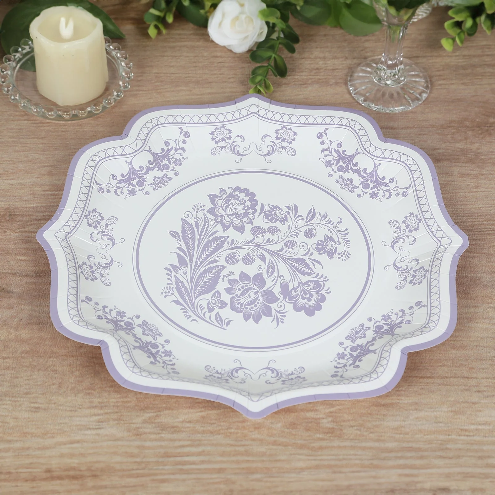 25-Pack Paper Dinner Plates 10" White Lavender Lilac Damask Floral Print & Scallop Rim - 300GSM Disposable Floral Party Plates - Image 4