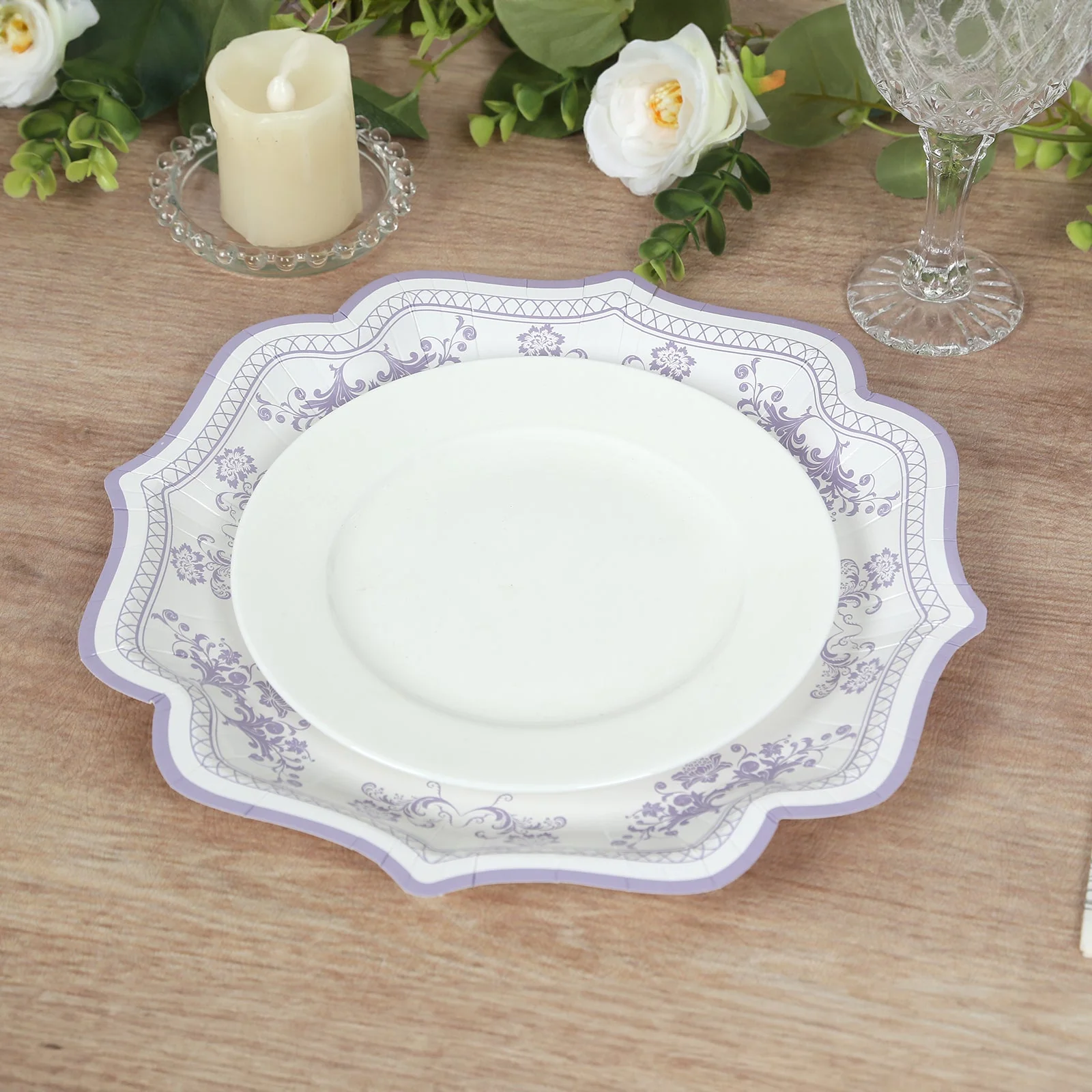 25-Pack Paper Dinner Plates 10" White Lavender Lilac Damask Floral Print & Scallop Rim - 300GSM Disposable Floral Party Plates - Image 5