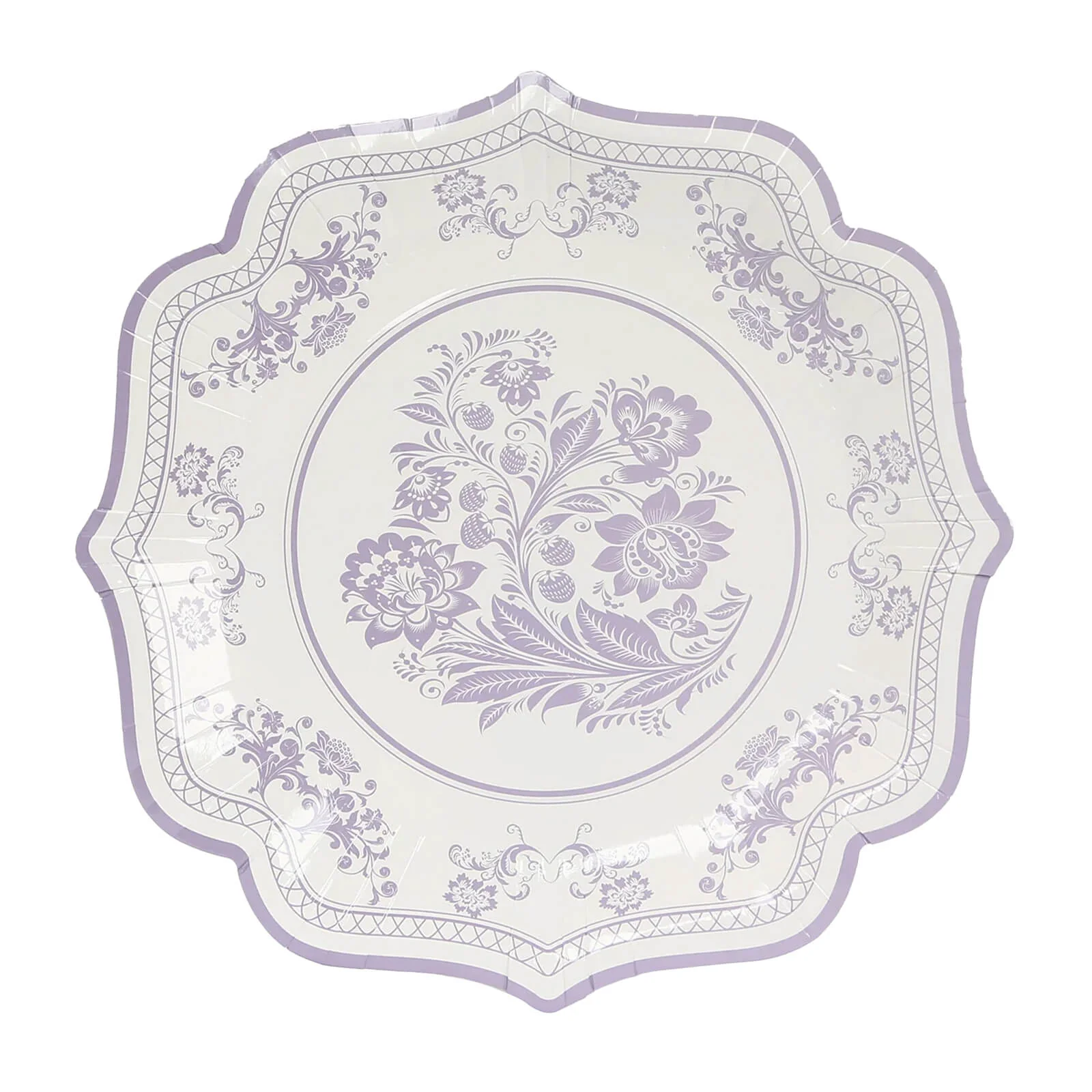 25-Pack Paper Dinner Plates 10" White Lavender Lilac Damask Floral Print & Scallop Rim - 300GSM Disposable Floral Party Plates - Image 6