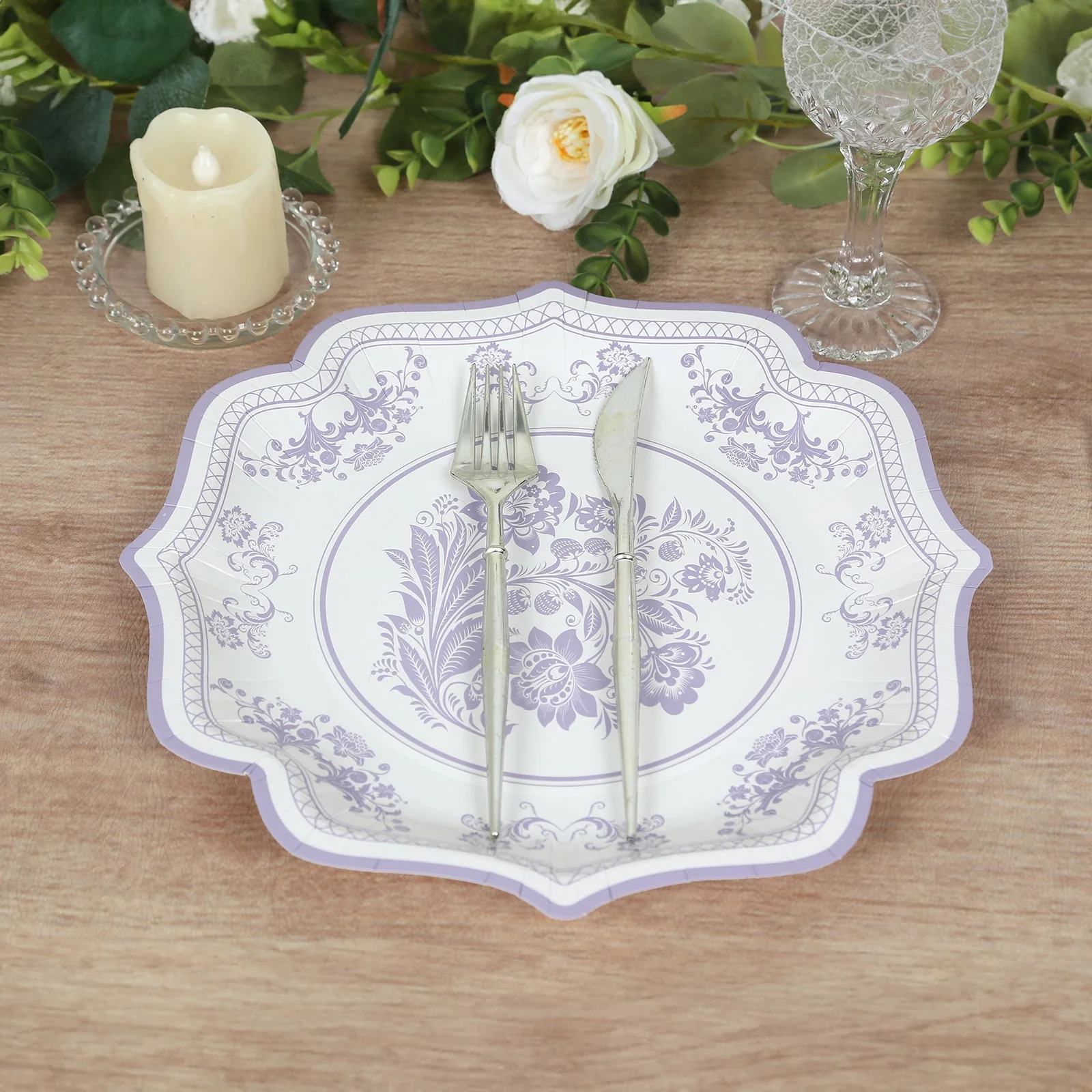 25-Pack Paper Dinner Plates 10" White Lavender Lilac Damask Floral Print & Scallop Rim - 300GSM Disposable Floral Party Plates - Image 7