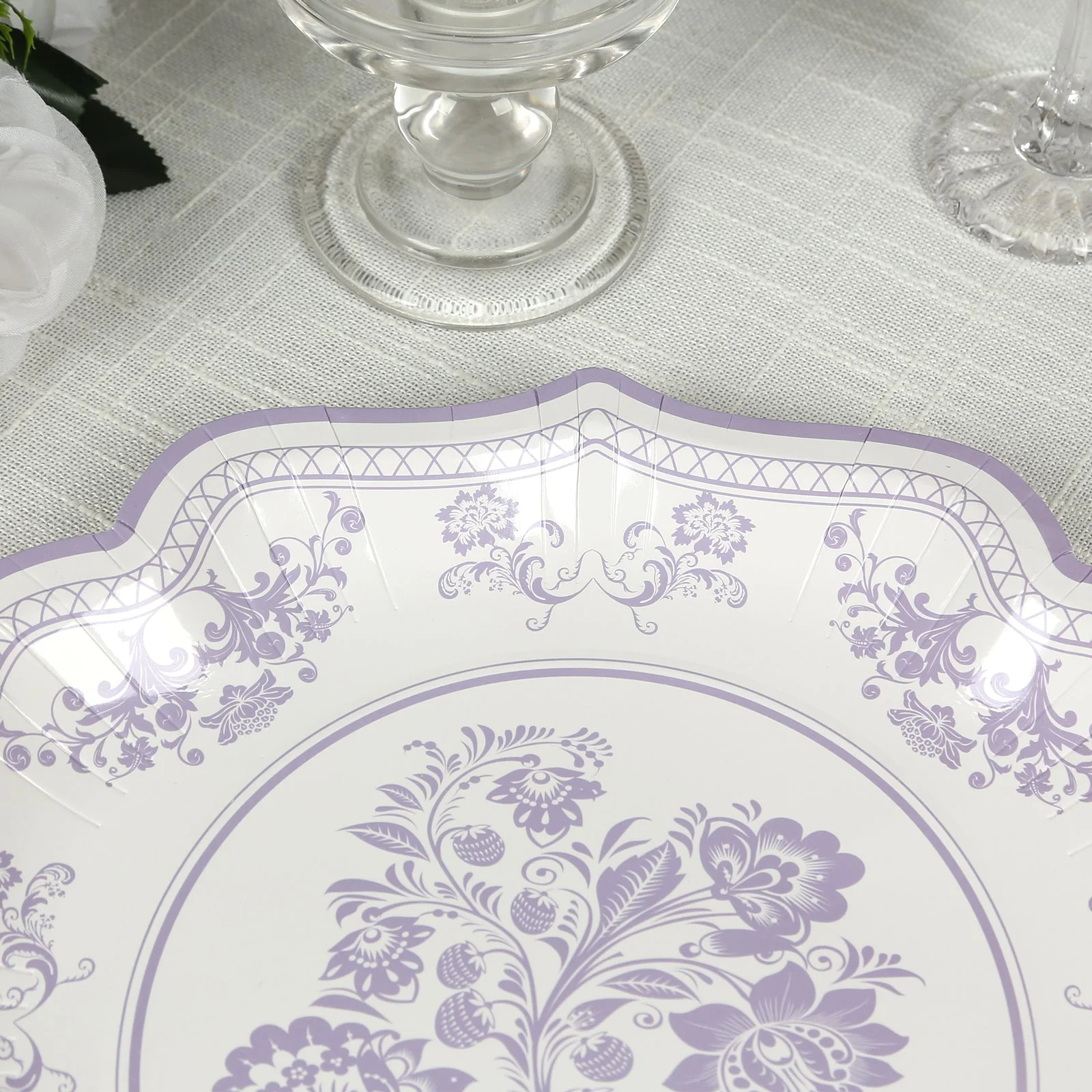 25-Pack Paper Dinner Plates 10" White Lavender Lilac Damask Floral Print & Scallop Rim - 300GSM Disposable Floral Party Plates - Image 8