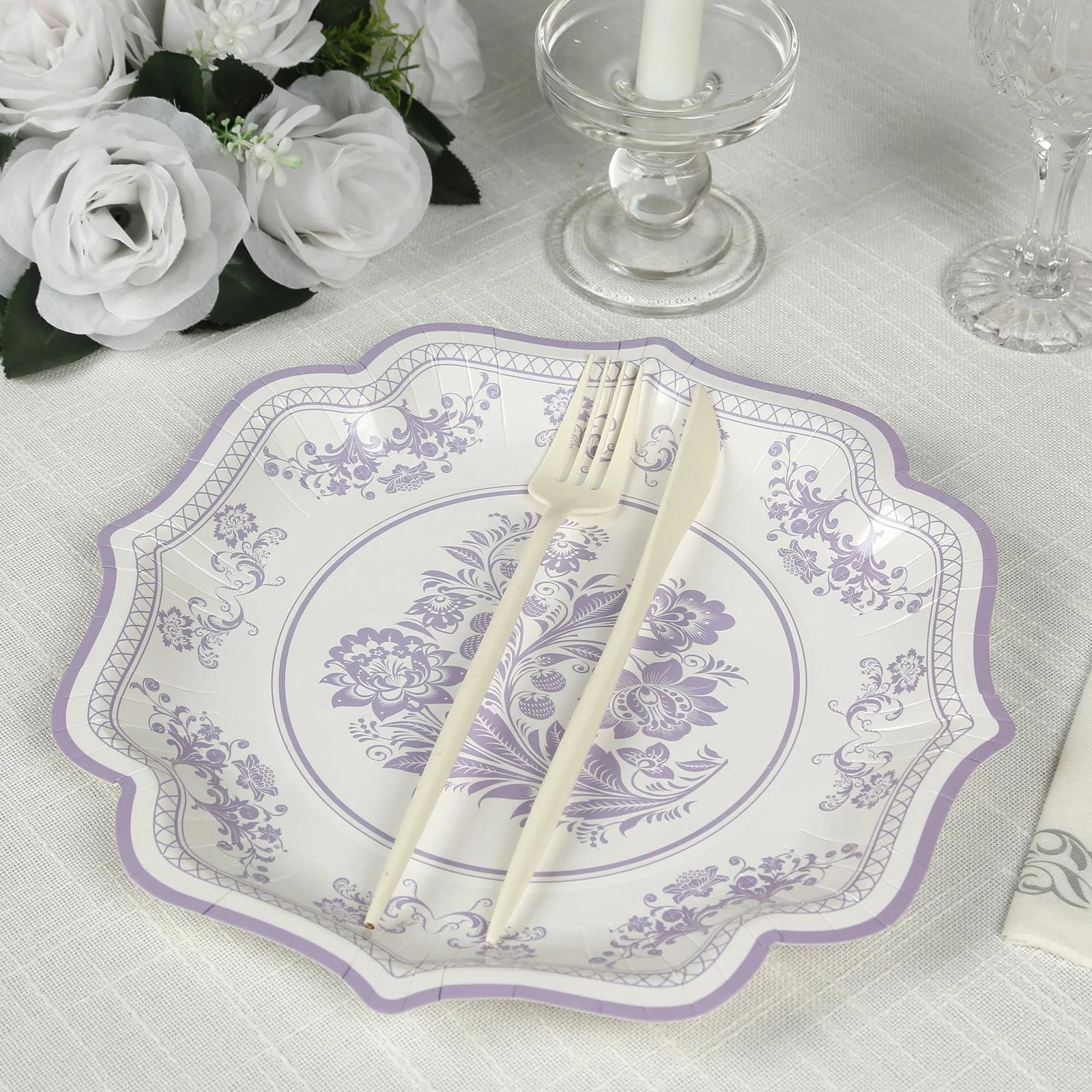 25-Pack Paper Dinner Plates 10" White Lavender Lilac Damask Floral Print & Scallop Rim - 300GSM Disposable Floral Party Plates - Image 9