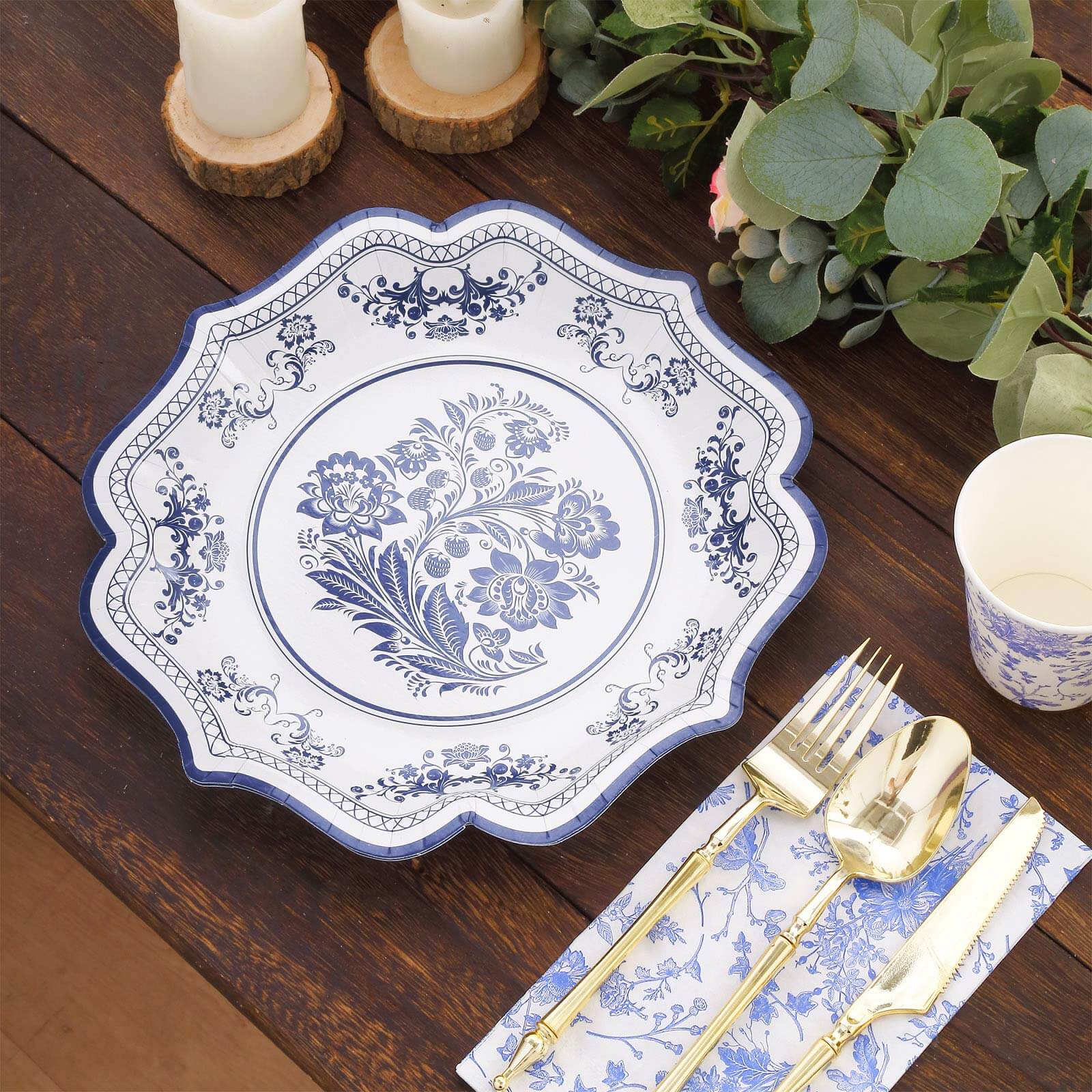 25-Pack Paper Dinner Plates 10" White Light Blue Damask Floral Print & Scallop Rim - 300GSM Disposable Floral Party Plates