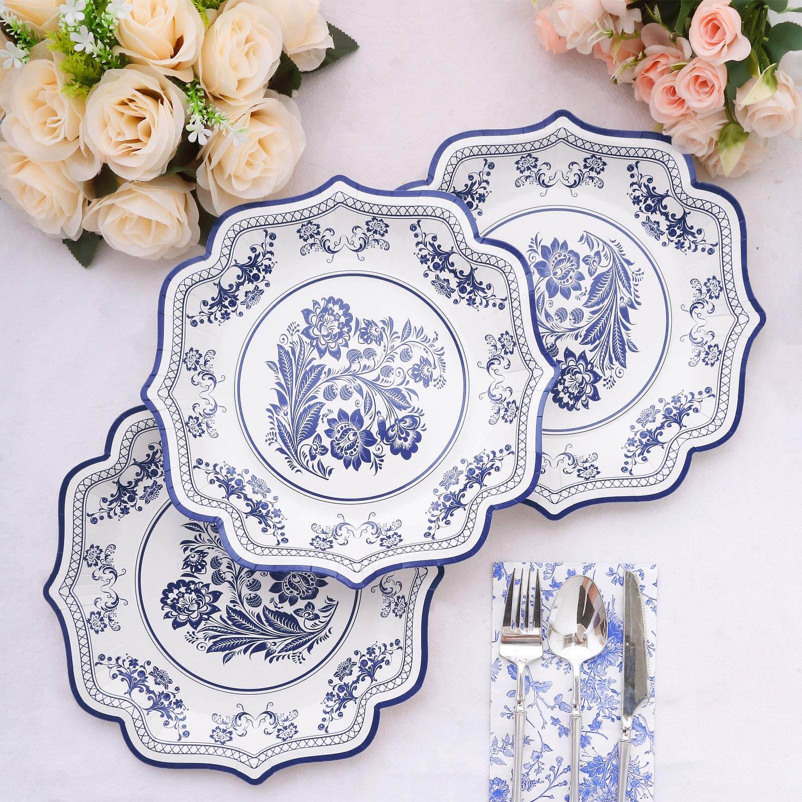 25-Pack Paper Dinner Plates 10" White Light Blue Damask Floral Print & Scallop Rim - 300GSM Disposable Floral Party Plates - Image 10