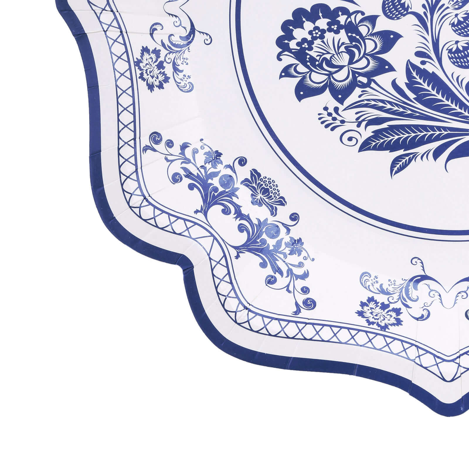 25-Pack Paper Dinner Plates 10" White Light Blue Damask Floral Print & Scallop Rim - 300GSM Disposable Floral Party Plates - Image 11