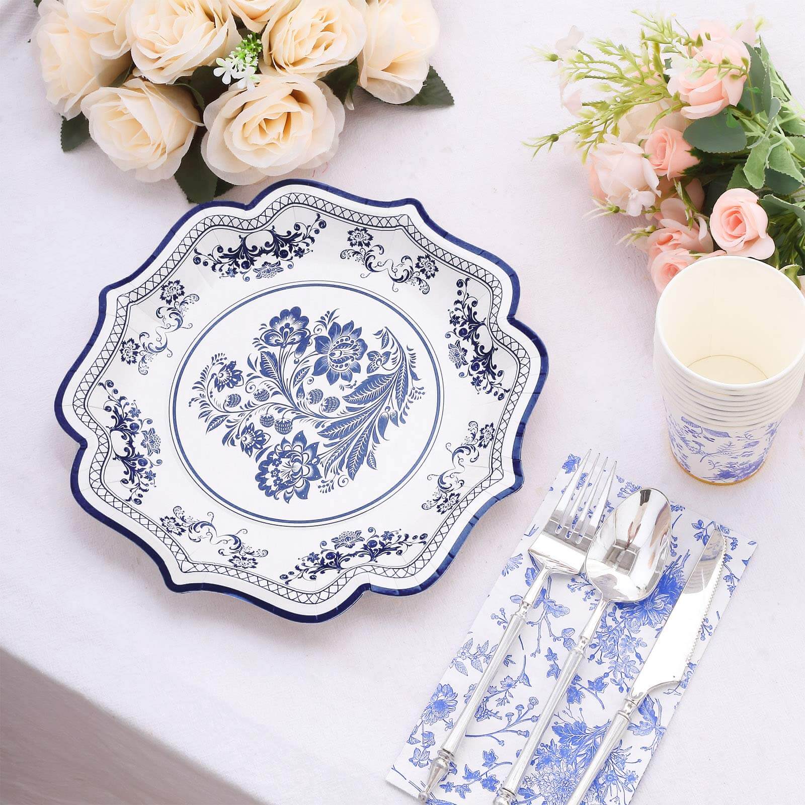25-Pack Paper Dinner Plates 10" White Light Blue Damask Floral Print & Scallop Rim - 300GSM Disposable Floral Party Plates - Image 12