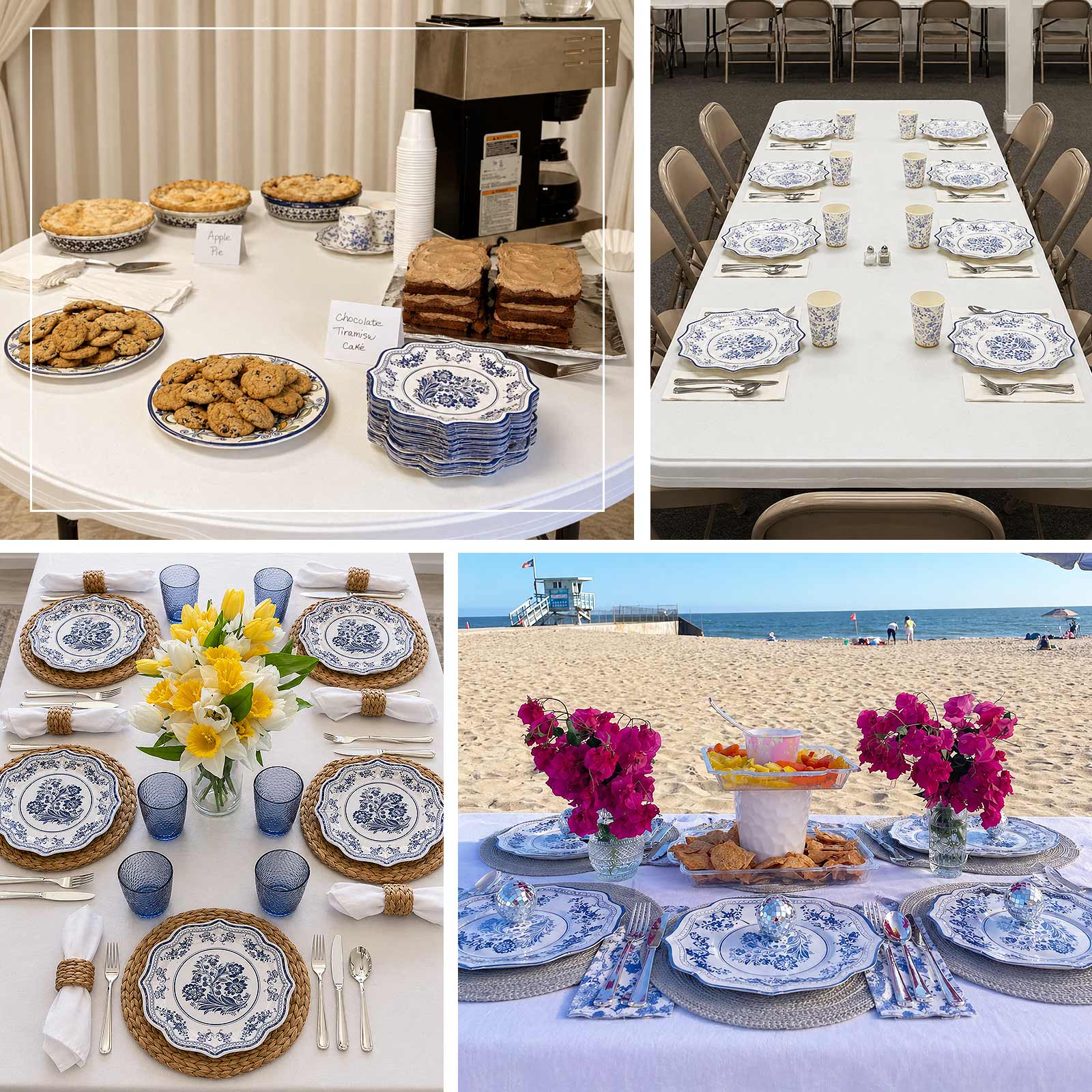 25-Pack Paper Dinner Plates 10" White Light Blue Damask Floral Print & Scallop Rim - 300GSM Disposable Floral Party Plates - Image 5