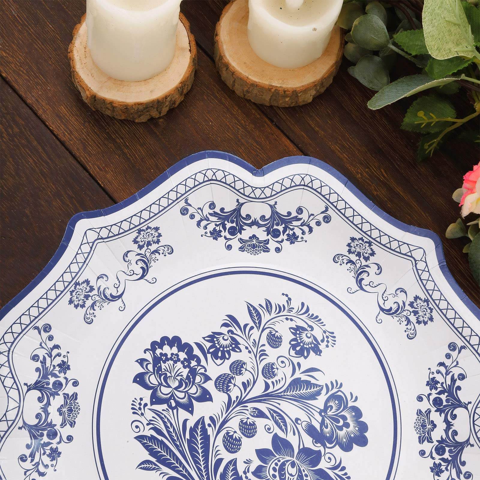 25-Pack Paper Dinner Plates 10" White Light Blue Damask Floral Print & Scallop Rim - 300GSM Disposable Floral Party Plates - Image 6