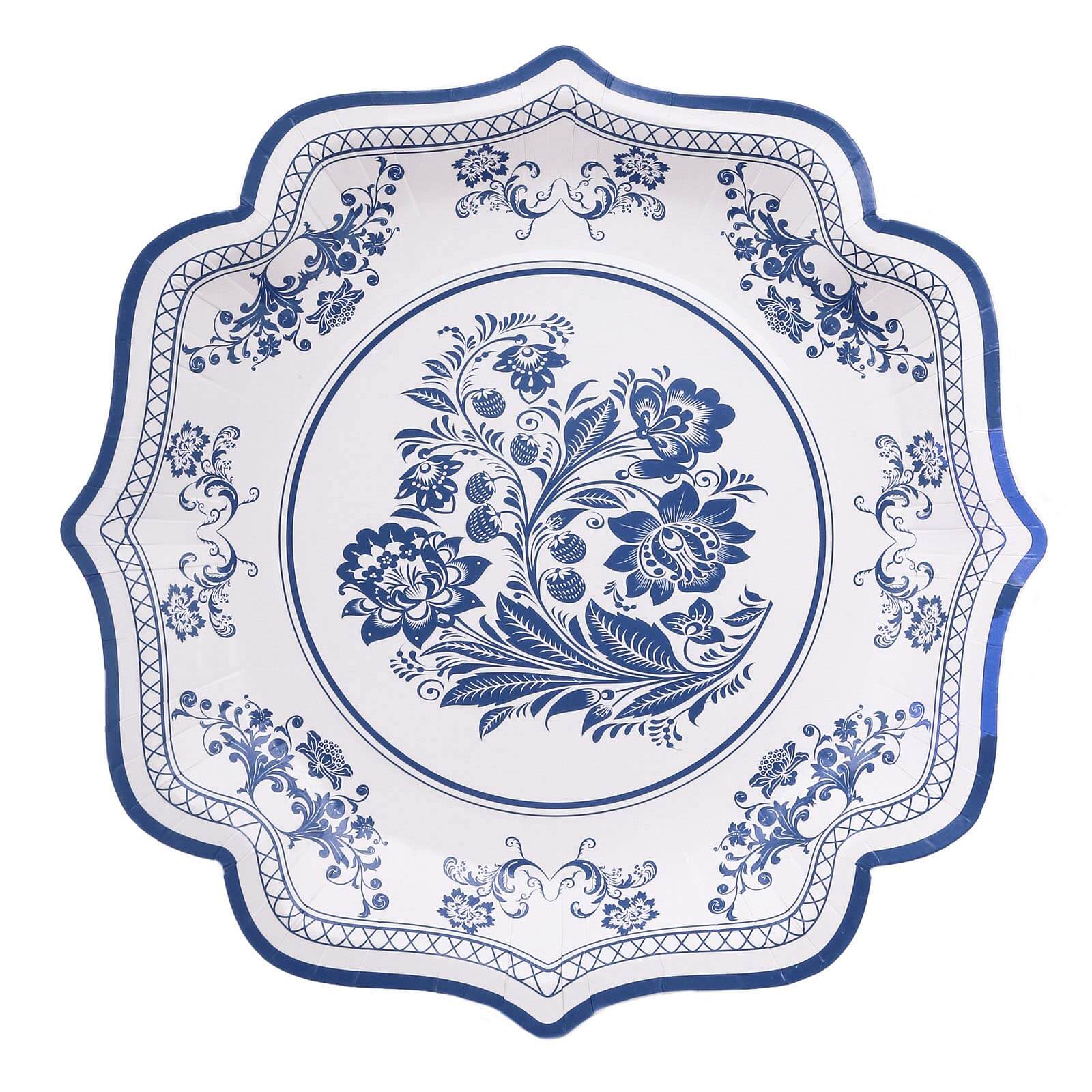 25-Pack Paper Dinner Plates 10" White Light Blue Damask Floral Print & Scallop Rim - 300GSM Disposable Floral Party Plates - Image 7