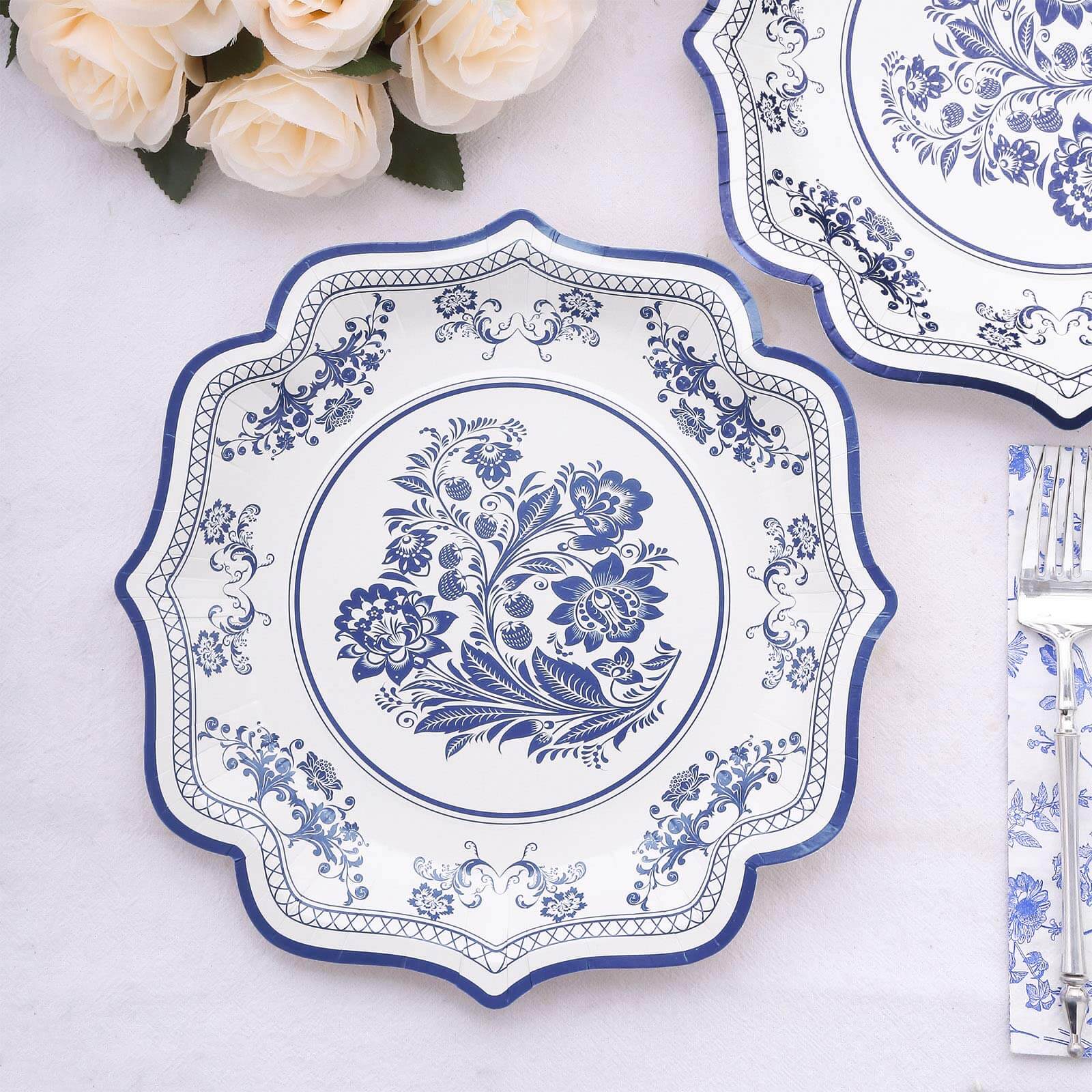 25-Pack Paper Dinner Plates 10" White Light Blue Damask Floral Print & Scallop Rim - 300GSM Disposable Floral Party Plates - Image 8