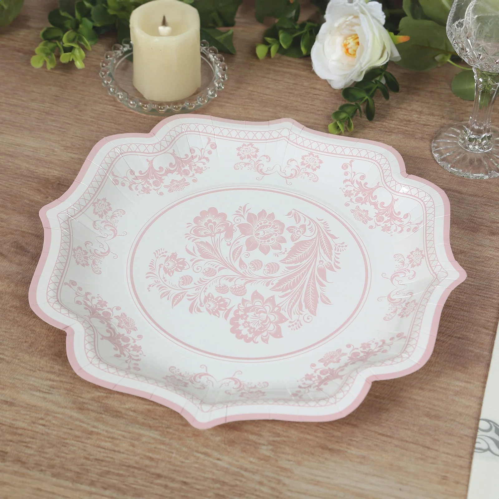 25-Pack Paper Dinner Plates 10" White Pink Damask Floral Pattern & Scallop Rim - 300GSM Disposable Floral Party Plates - Image 11