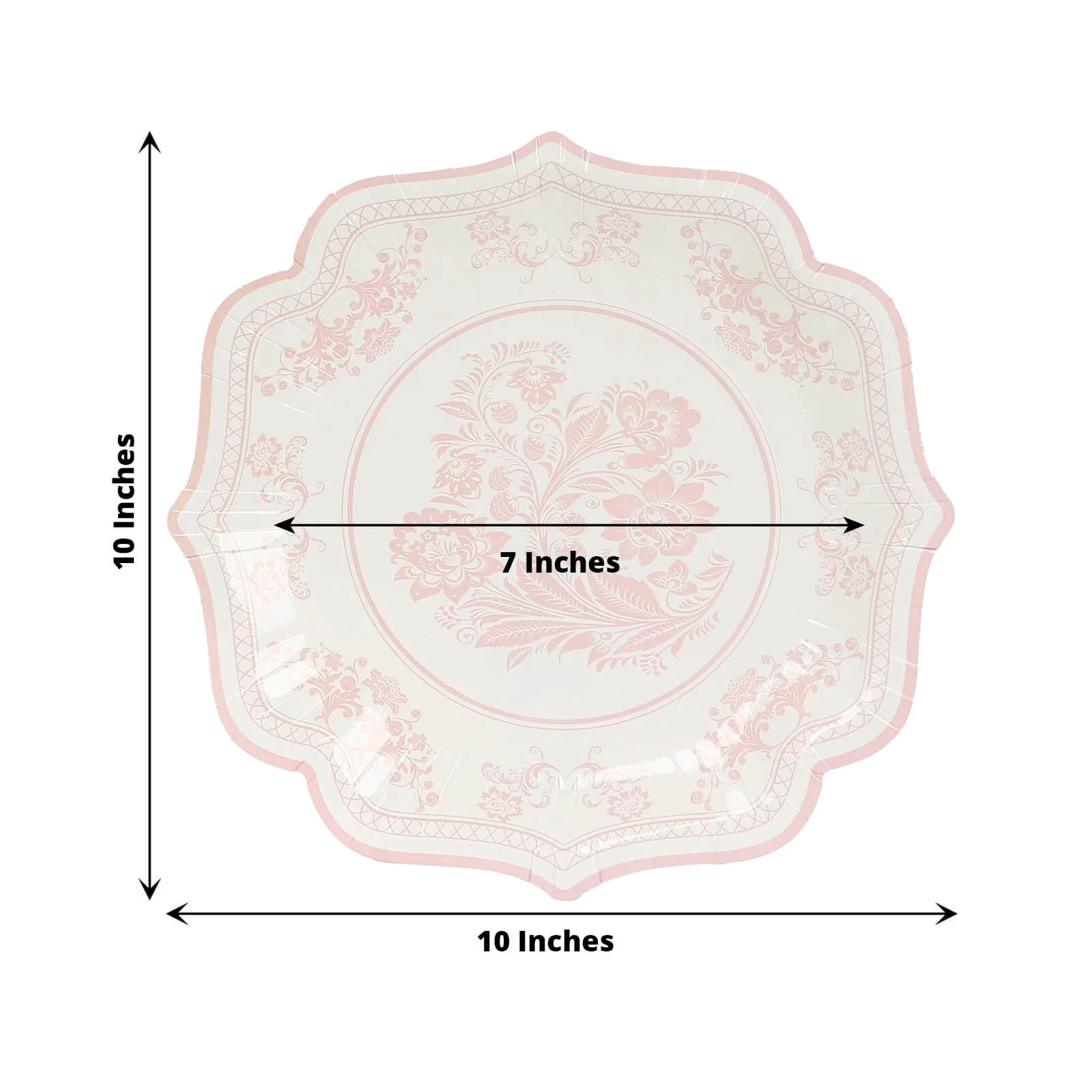 25-Pack Paper Dinner Plates 10" White Pink Damask Floral Pattern & Scallop Rim - 300GSM Disposable Floral Party Plates - Image 2