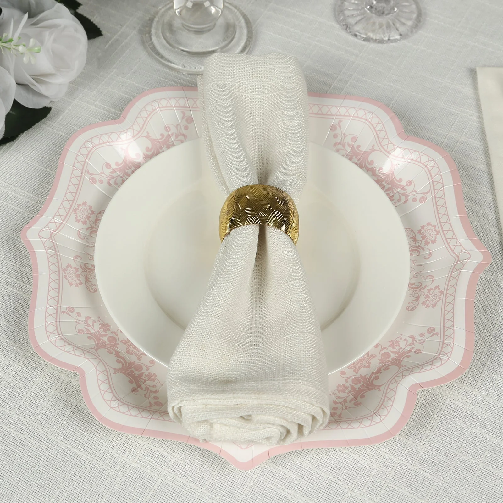 25-Pack Paper Dinner Plates 10" White Pink Damask Floral Pattern & Scallop Rim - 300GSM Disposable Floral Party Plates - Image 3