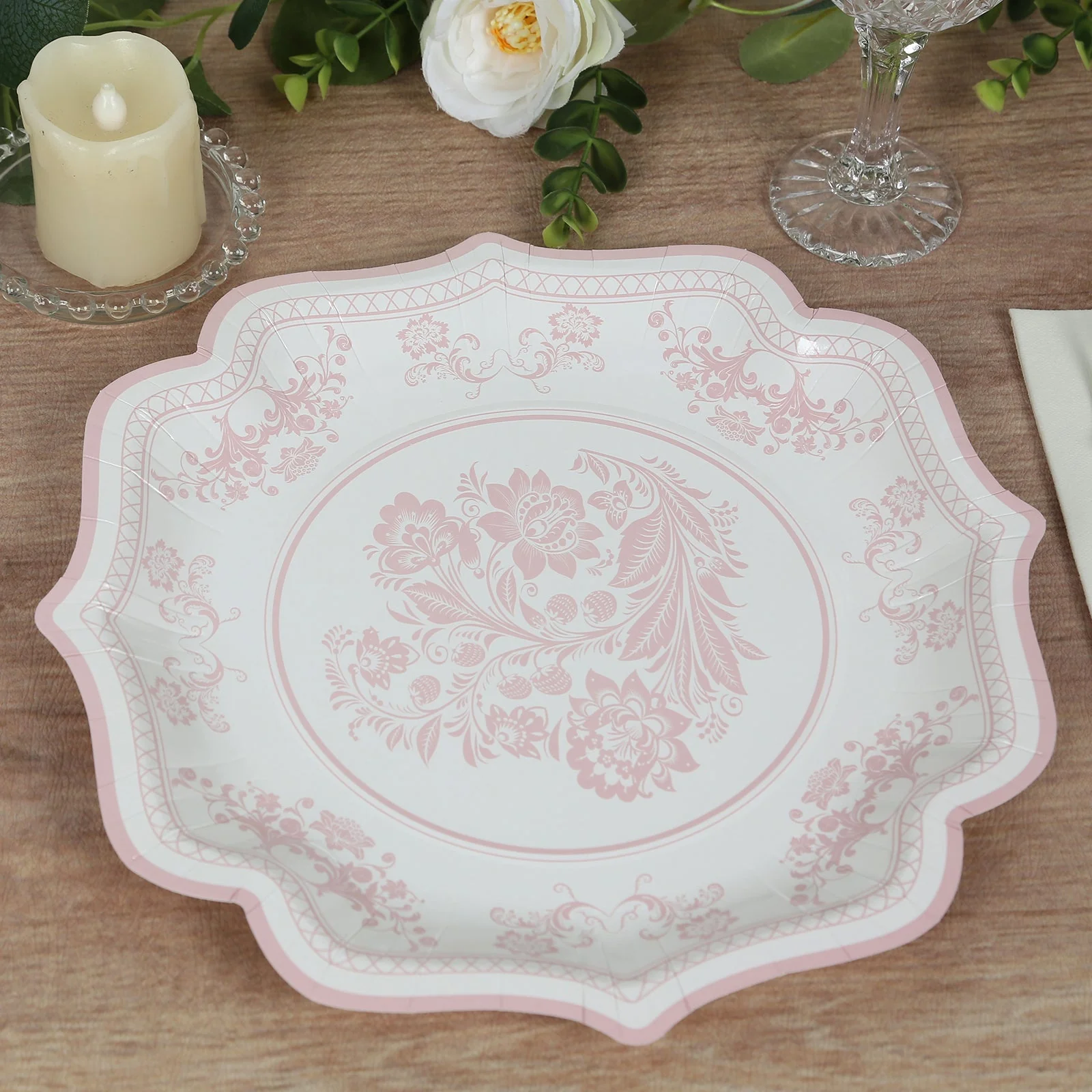 25-Pack Paper Dinner Plates 10" White Pink Damask Floral Pattern & Scallop Rim - 300GSM Disposable Floral Party Plates - Image 4