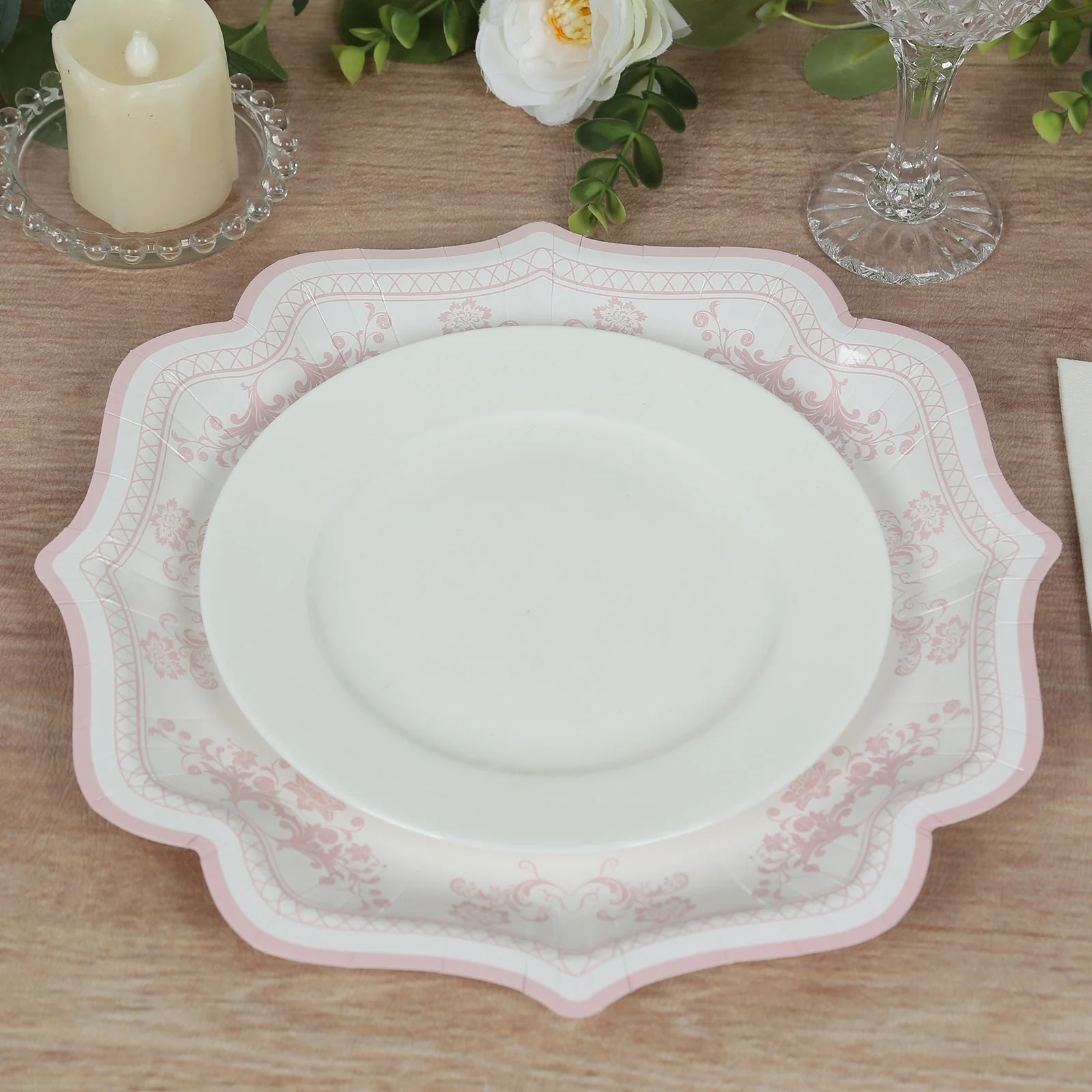 25-Pack Paper Dinner Plates 10" White Pink Damask Floral Pattern & Scallop Rim - 300GSM Disposable Floral Party Plates - Image 5