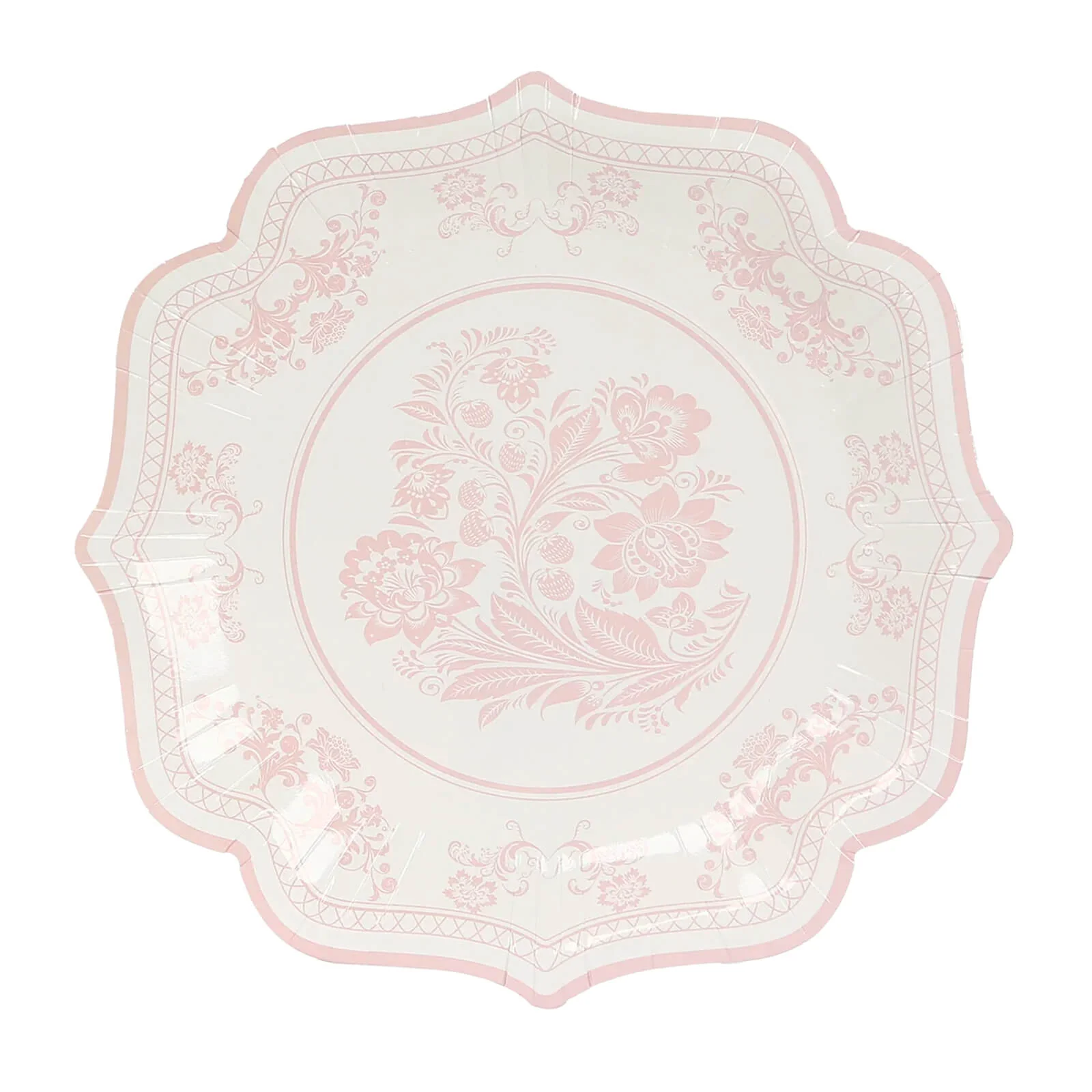 25-Pack Paper Dinner Plates 10" White Pink Damask Floral Pattern & Scallop Rim - 300GSM Disposable Floral Party Plates - Image 6
