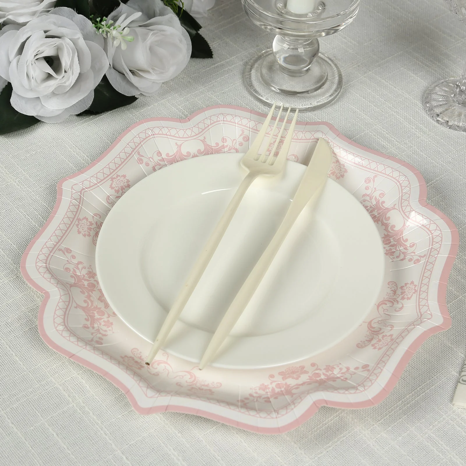 25-Pack Paper Dinner Plates 10" White Pink Damask Floral Pattern & Scallop Rim - 300GSM Disposable Floral Party Plates - Image 7