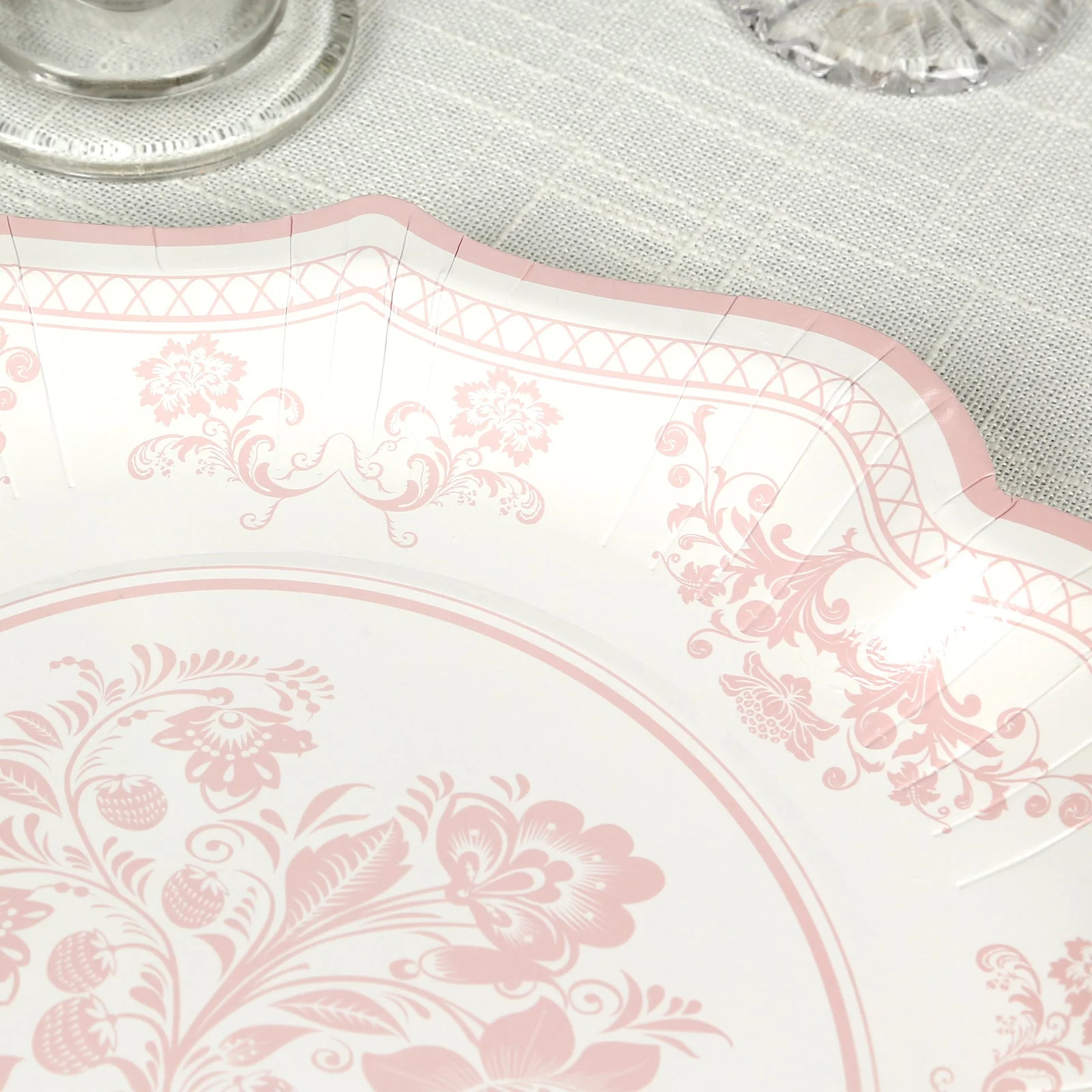 25-Pack Paper Dinner Plates 10" White Pink Damask Floral Pattern & Scallop Rim - 300GSM Disposable Floral Party Plates - Image 8