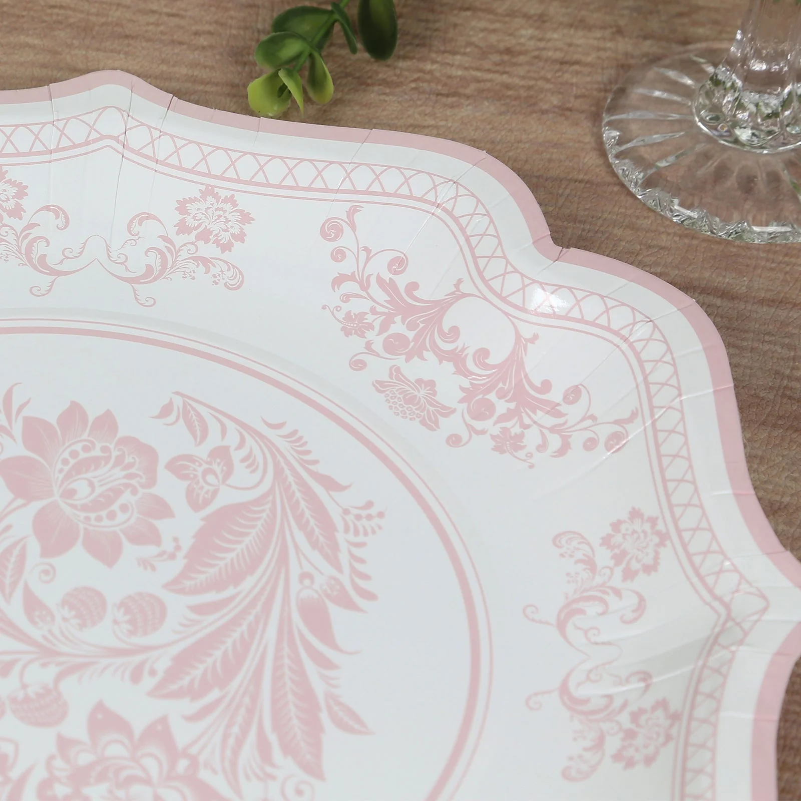25-Pack Paper Dinner Plates 10" White Pink Damask Floral Pattern & Scallop Rim - 300GSM Disposable Floral Party Plates - Image 9