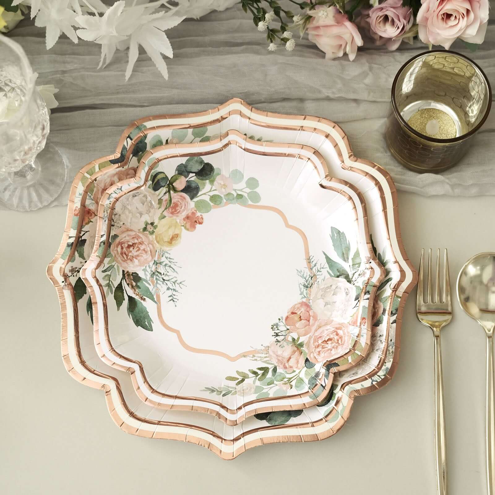 25-Pack Paper Dinner Plates 10" White with Floral Print & Rose Gold Scallop Rim - 300GSM Disposable Party Plates - Image 11