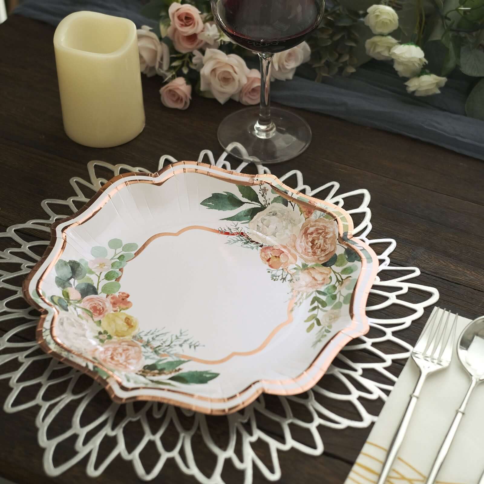 25-Pack Paper Dinner Plates 10" White with Floral Print & Rose Gold Scallop Rim - 300GSM Disposable Party Plates - Image 12
