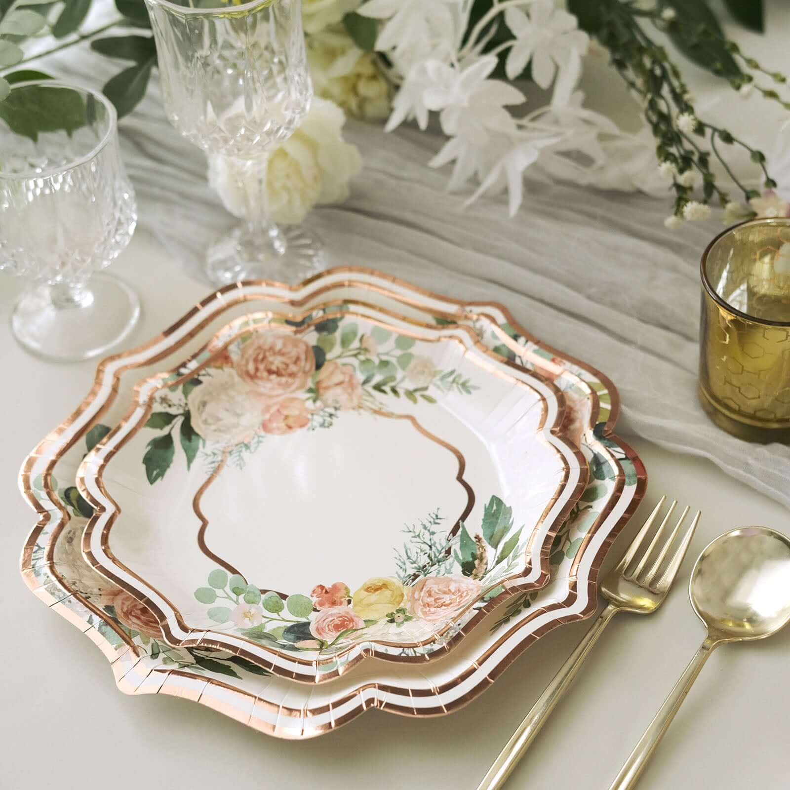 25-Pack Paper Dinner Plates 10" White with Floral Print & Rose Gold Scallop Rim - 300GSM Disposable Party Plates - Image 2