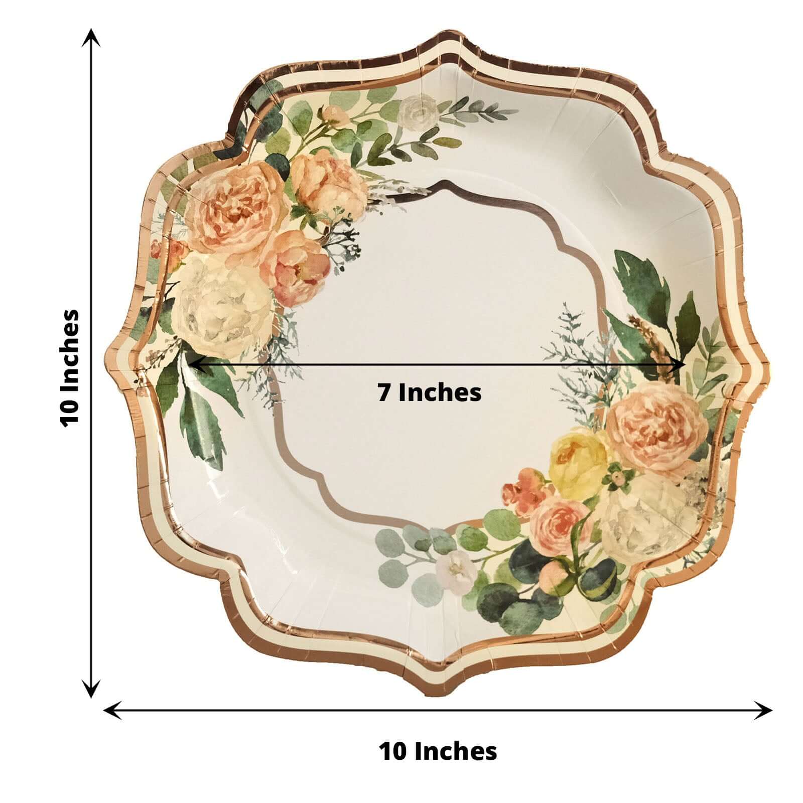 25-Pack Paper Dinner Plates 10" White with Floral Print & Rose Gold Scallop Rim - 300GSM Disposable Party Plates - Image 3