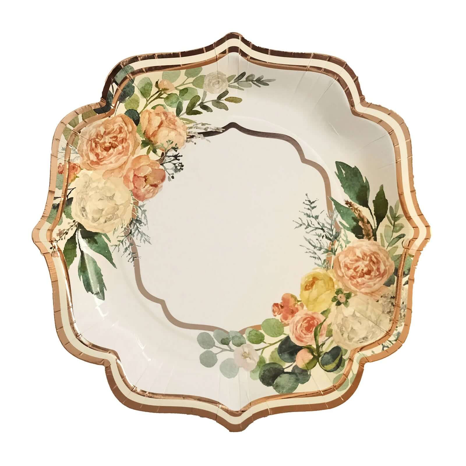 25-Pack Paper Dinner Plates 10" White with Floral Print & Rose Gold Scallop Rim - 300GSM Disposable Party Plates - Image 7