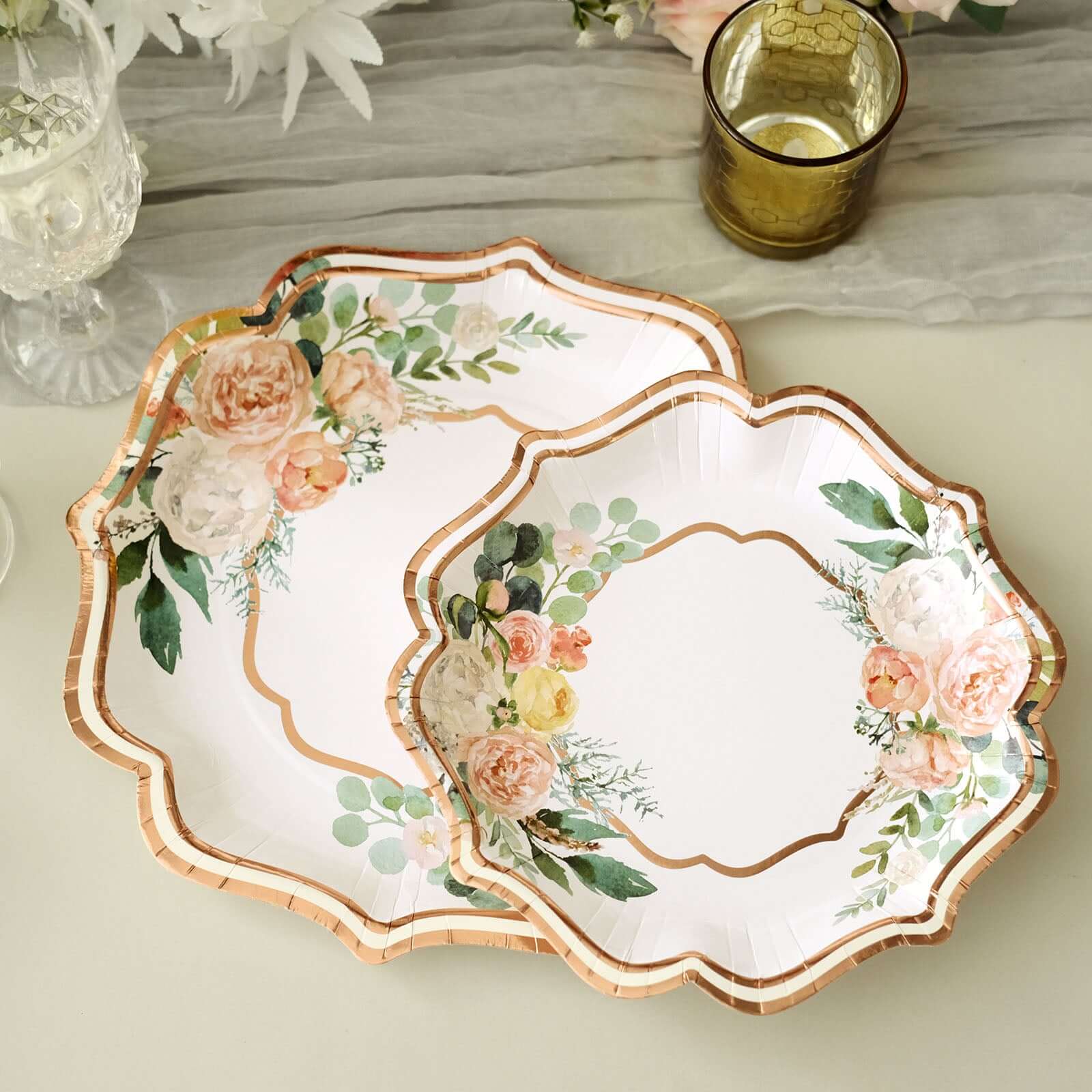 25-Pack Paper Dinner Plates 10" White with Floral Print & Rose Gold Scallop Rim - 300GSM Disposable Party Plates - Image 8
