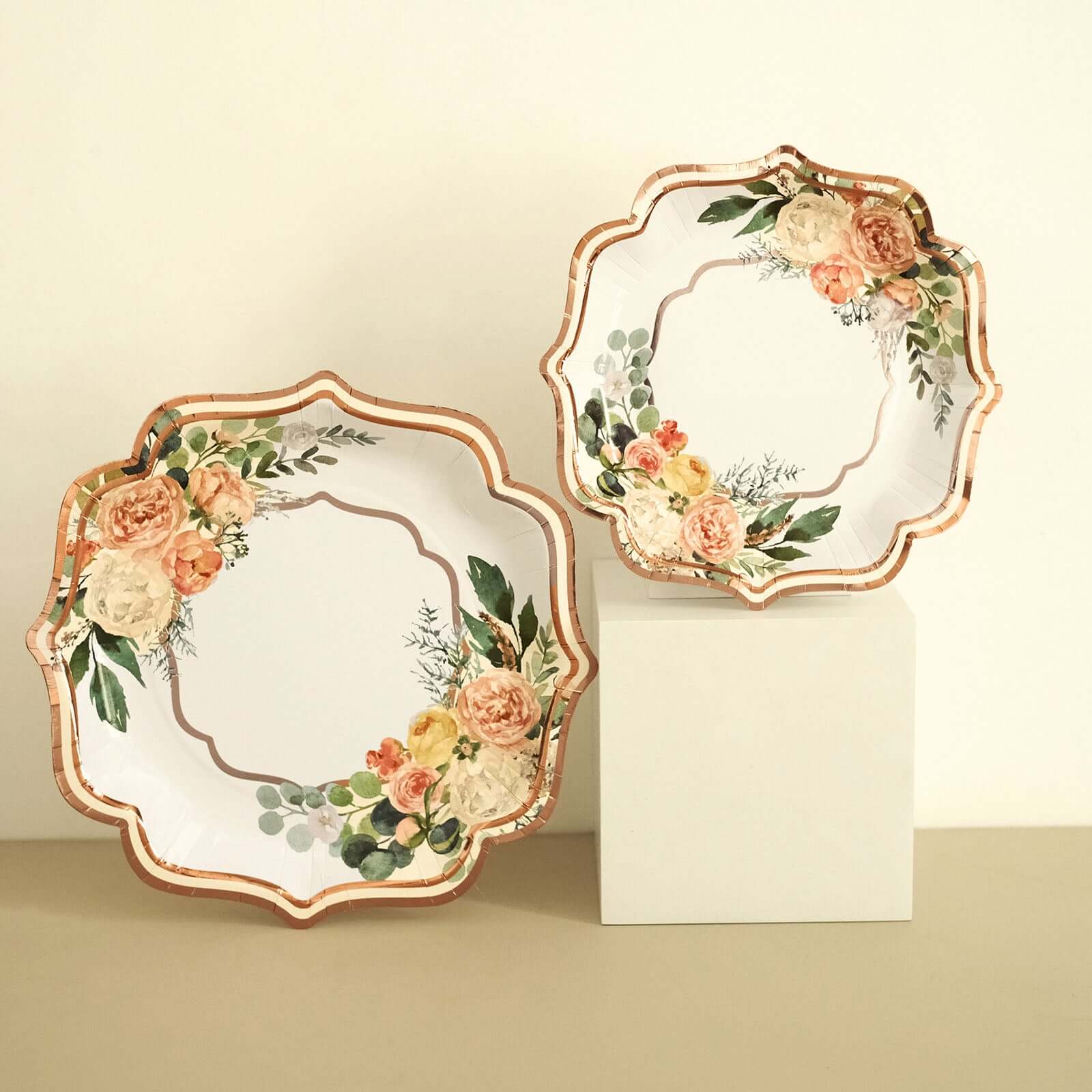 25-Pack Paper Dinner Plates 10" White with Floral Print & Rose Gold Scallop Rim - 300GSM Disposable Party Plates - Image 9