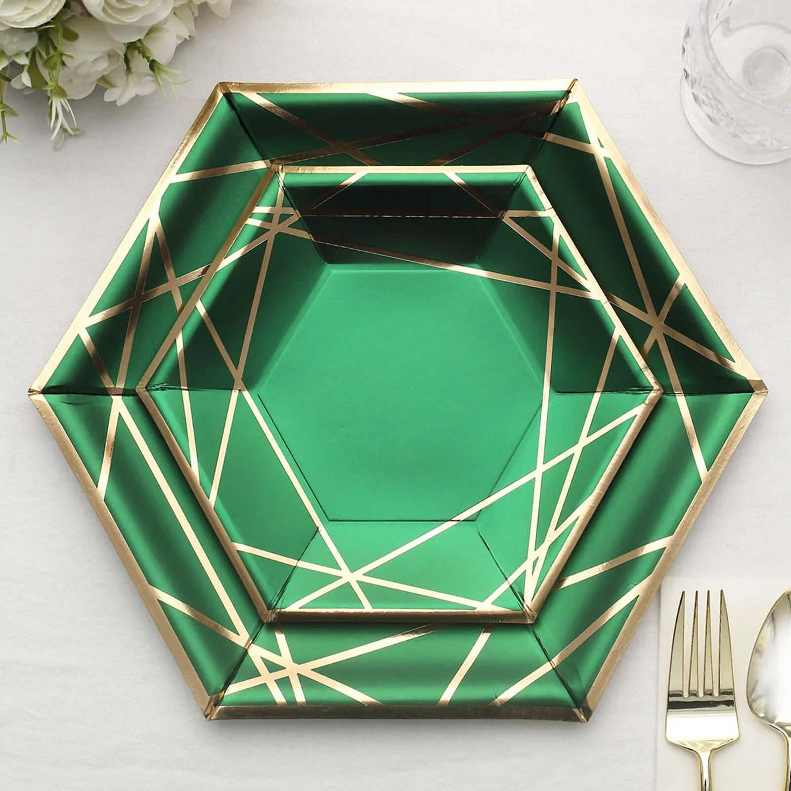 25-Pack Paper Hexagon Dessert Plates 7" Hunter Emerald Green with Gold Geometric Lines & Rim - 300GSM Disposable Geometric Appetizer Salad Plates
