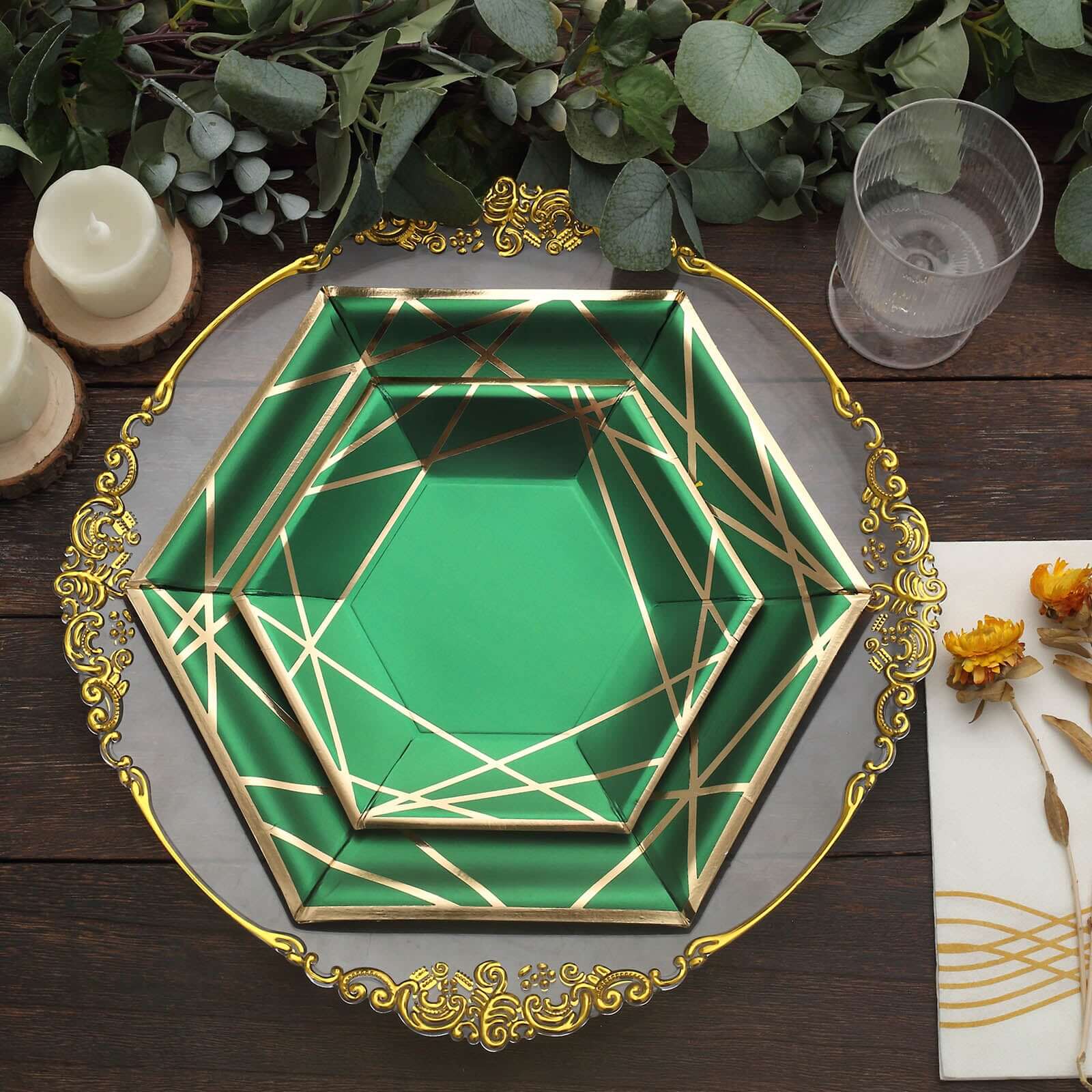 25-Pack Paper Hexagon Dessert Plates 7" Hunter Emerald Green with Gold Geometric Lines & Rim - 300GSM Disposable Geometric Appetizer Salad Plates - Image 10
