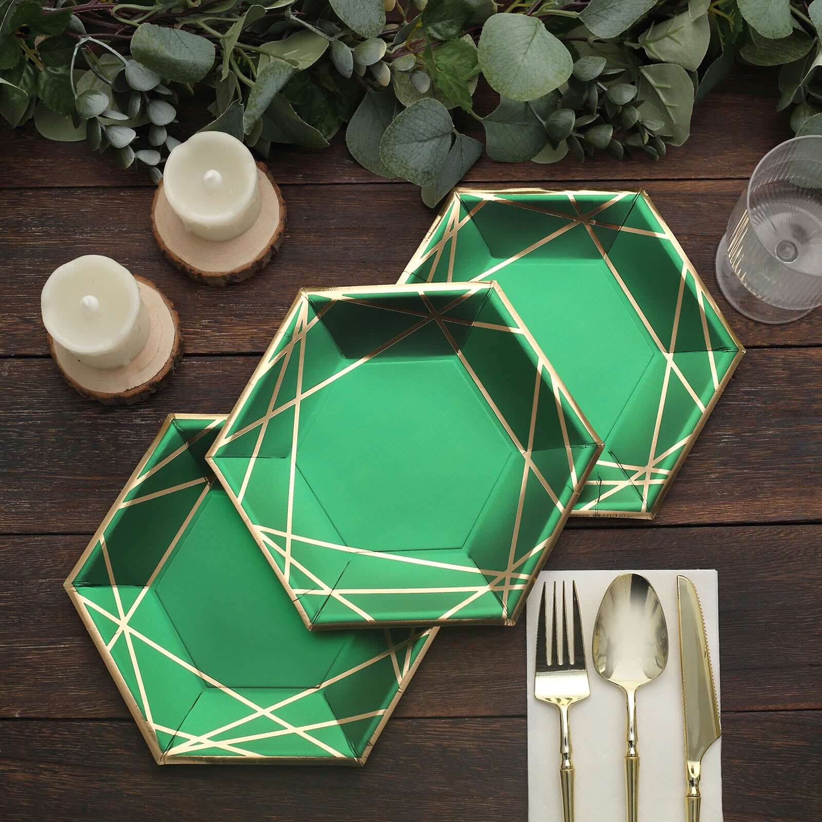 25-Pack Paper Hexagon Dessert Plates 7" Hunter Emerald Green with Gold Geometric Lines & Rim - 300GSM Disposable Geometric Appetizer Salad Plates - Image 11