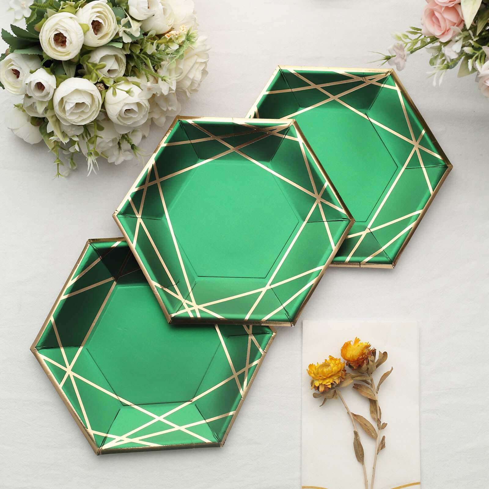 25-Pack Paper Hexagon Dessert Plates 7" Hunter Emerald Green with Gold Geometric Lines & Rim - 300GSM Disposable Geometric Appetizer Salad Plates - Image 13