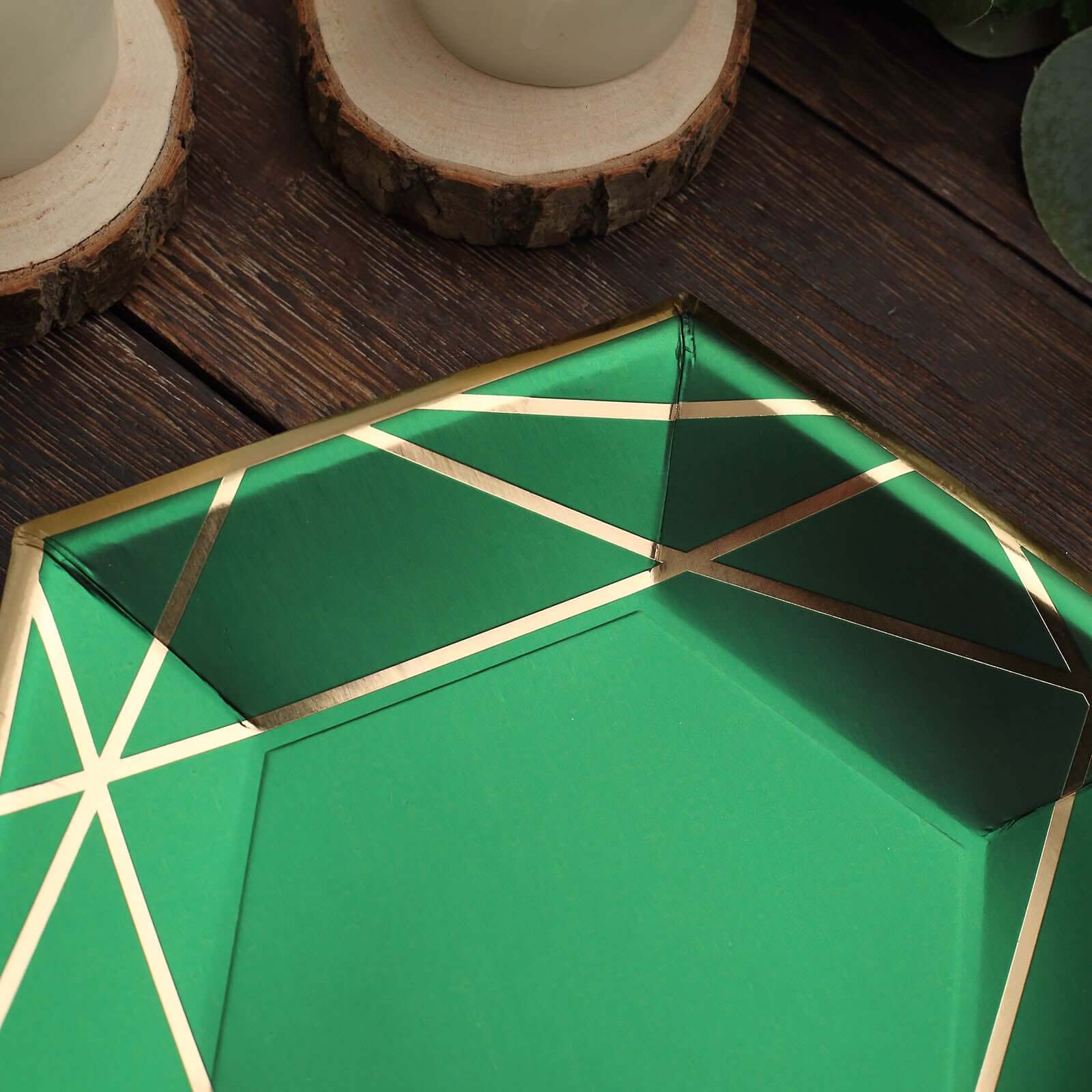 25-Pack Paper Hexagon Dessert Plates 7" Hunter Emerald Green with Gold Geometric Lines & Rim - 300GSM Disposable Geometric Appetizer Salad Plates - Image 14