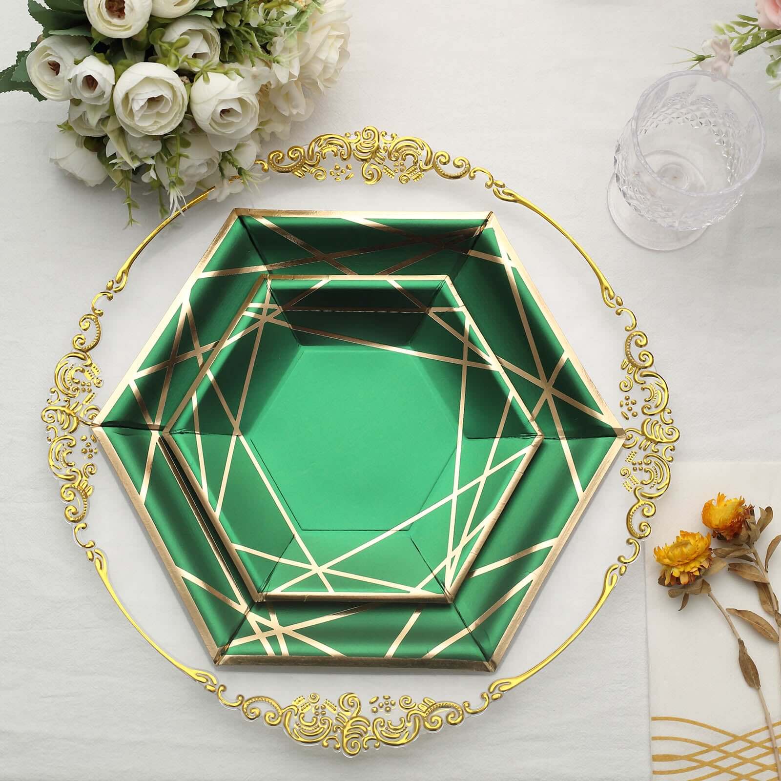 25-Pack Paper Hexagon Dessert Plates 7" Hunter Emerald Green with Gold Geometric Lines & Rim - 300GSM Disposable Geometric Appetizer Salad Plates - Image 2